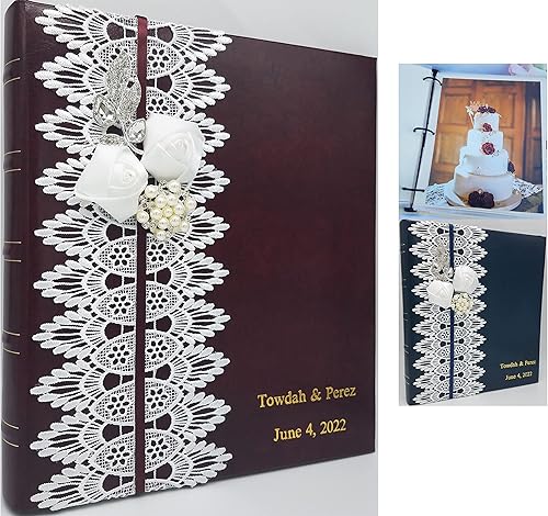 Towdah Perez Álbum de boda de cuero personalizado para fotos de 8 x 10. Flores y broches de encaje blanco vintage, carpeta de 3 anillos, álbum de