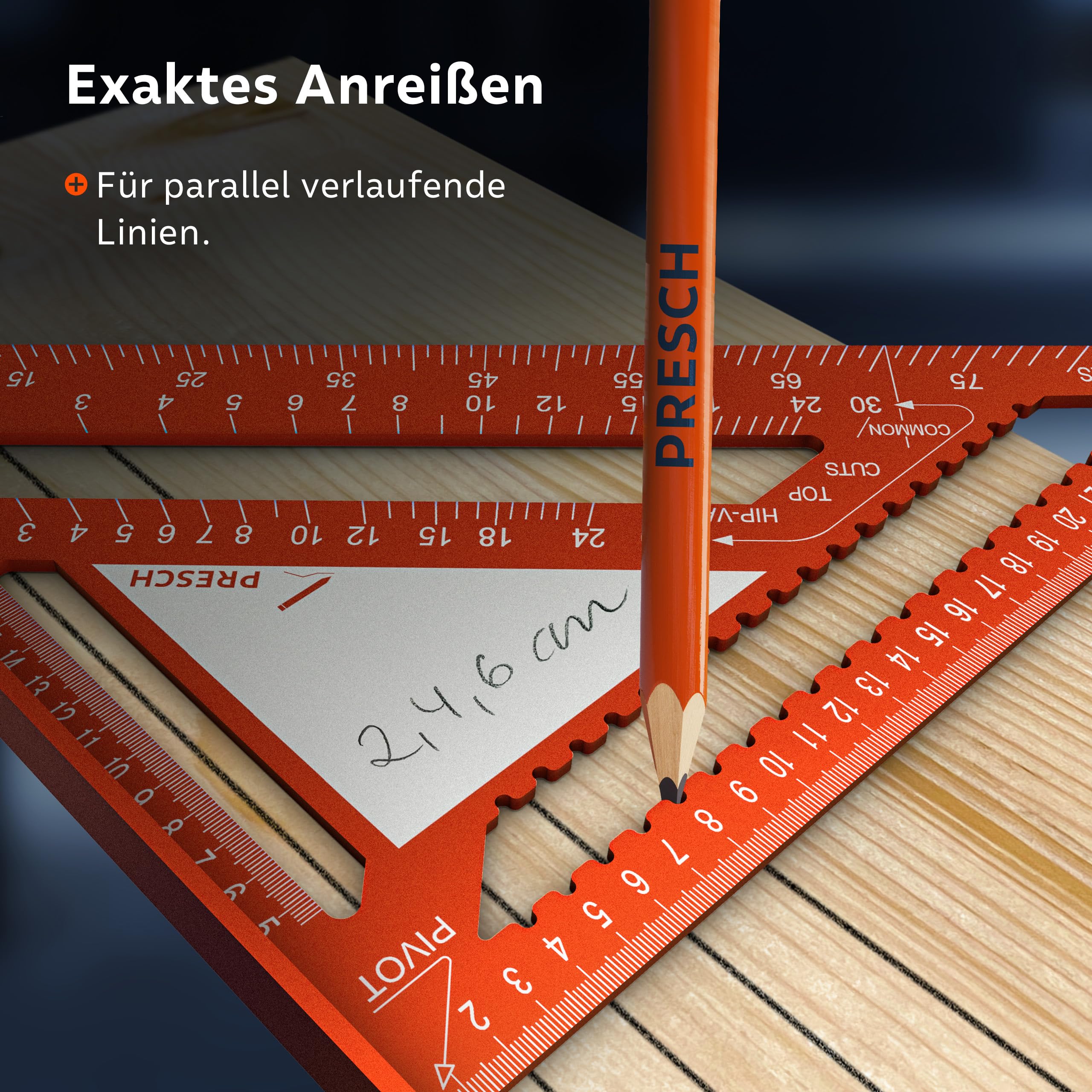Presch Zimmermannswinkel Set - 180mm & 300mm - Innovative, abwischbare Notizfläche - Intelligente Bohrlehre für exakte Durchmesser - Hochpräzise gefrästes Aluminium für exakte 90° Winkel