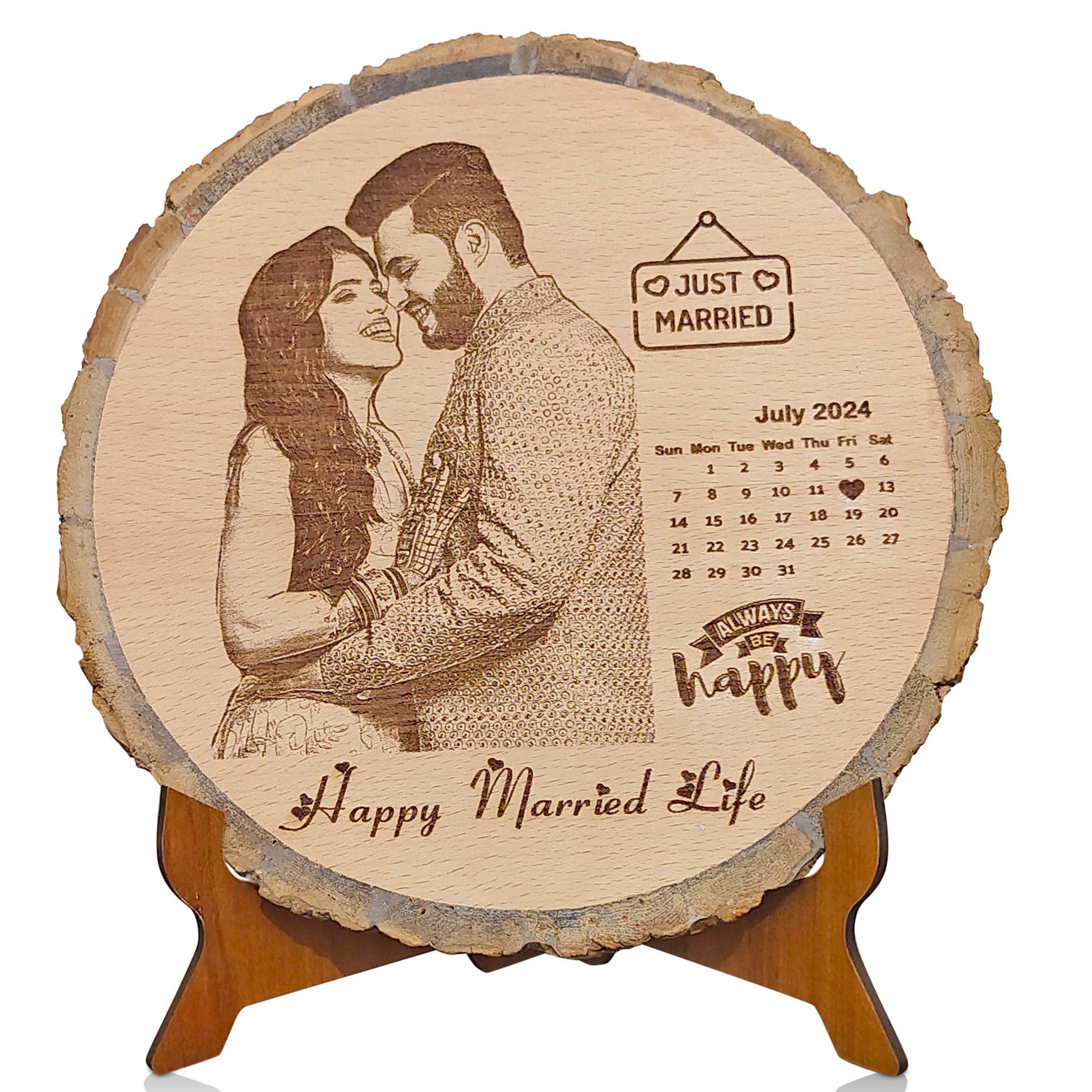 Shivansh Gifts Personalized Engraved Wooden Photo Frame Customize Gift For Wedding Anniversary(Brown, Round Shape) (8 Inch Slice, With M.D.F. Stand),Tabletop