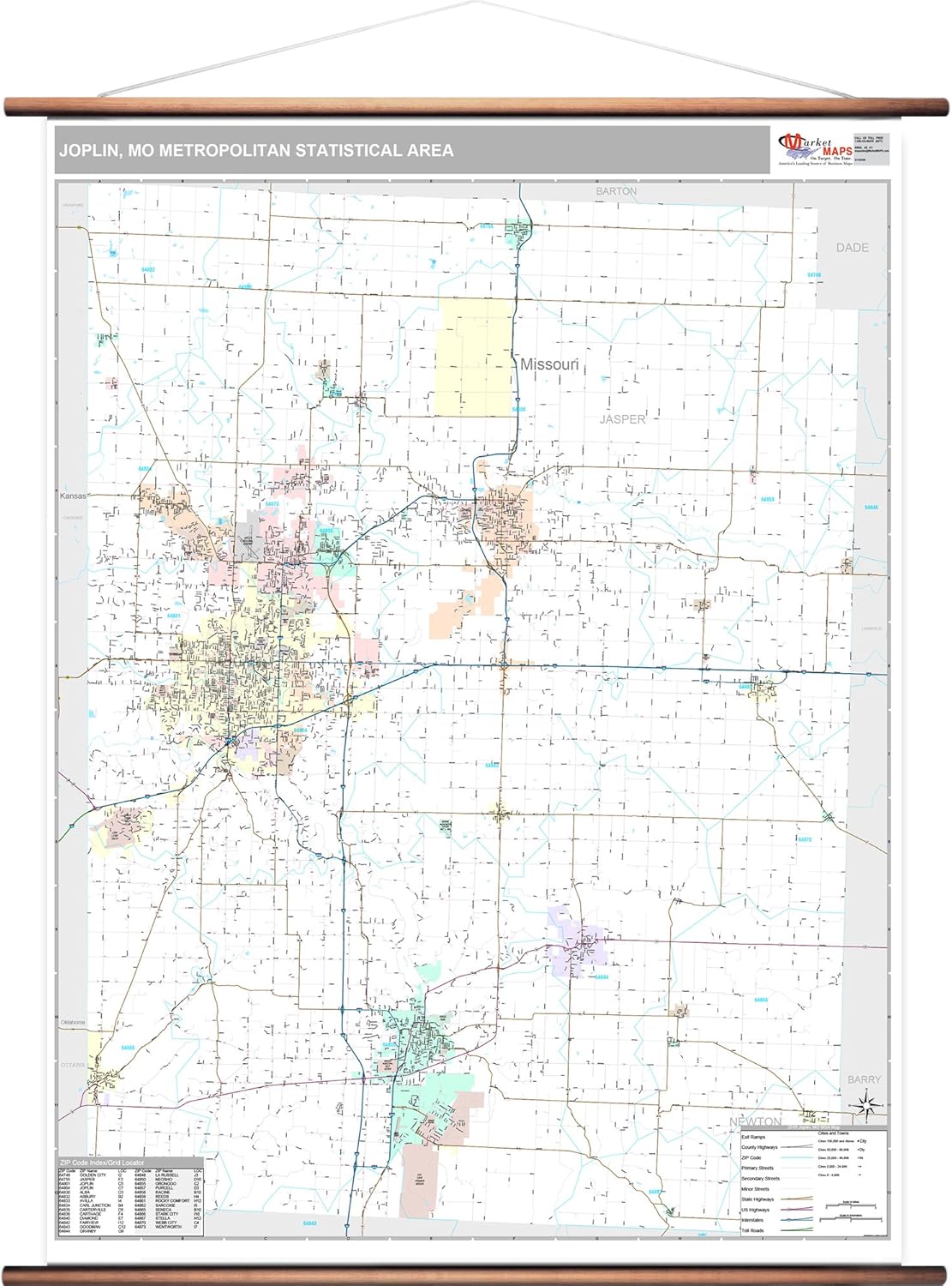 Joplin, MO Metro Area Wall Map 2018 ZIP Codes Laminated with Wooden Rails 64
