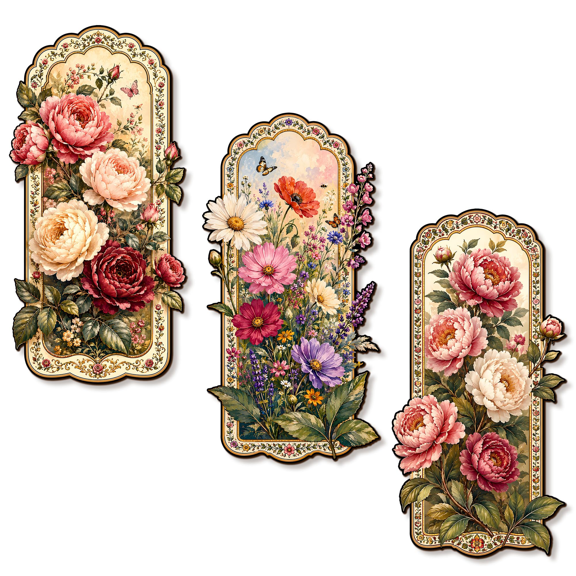 Regalo Casila Luxury Vintage Floral Rose Peony Wildflower MDF Wall Decor 3 Pcs Set Elegant Flower Wall Hanging Decorative Wall Art for Living Room Bedroom Hall Office Home Decoration-image-18