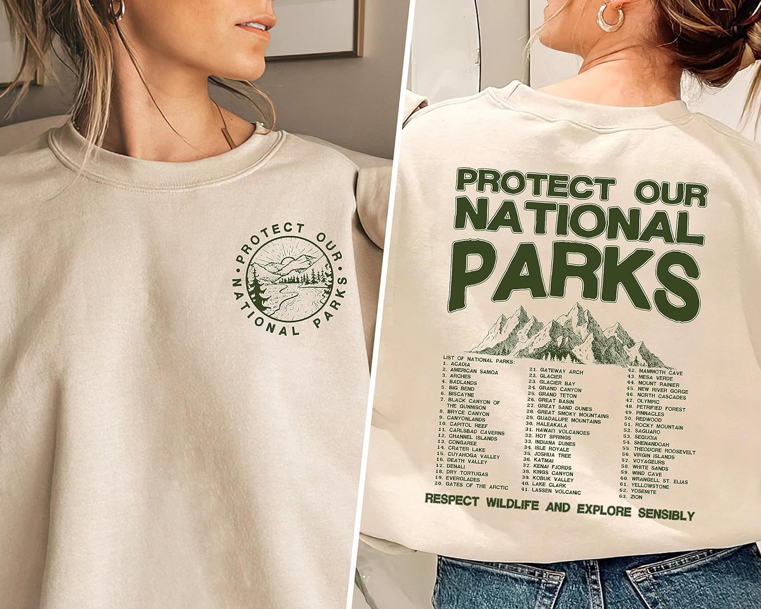 National Parks Sweatshirt - Protect Our National Parks Mountains Hiking 2 Sided Sweater S Light Blue