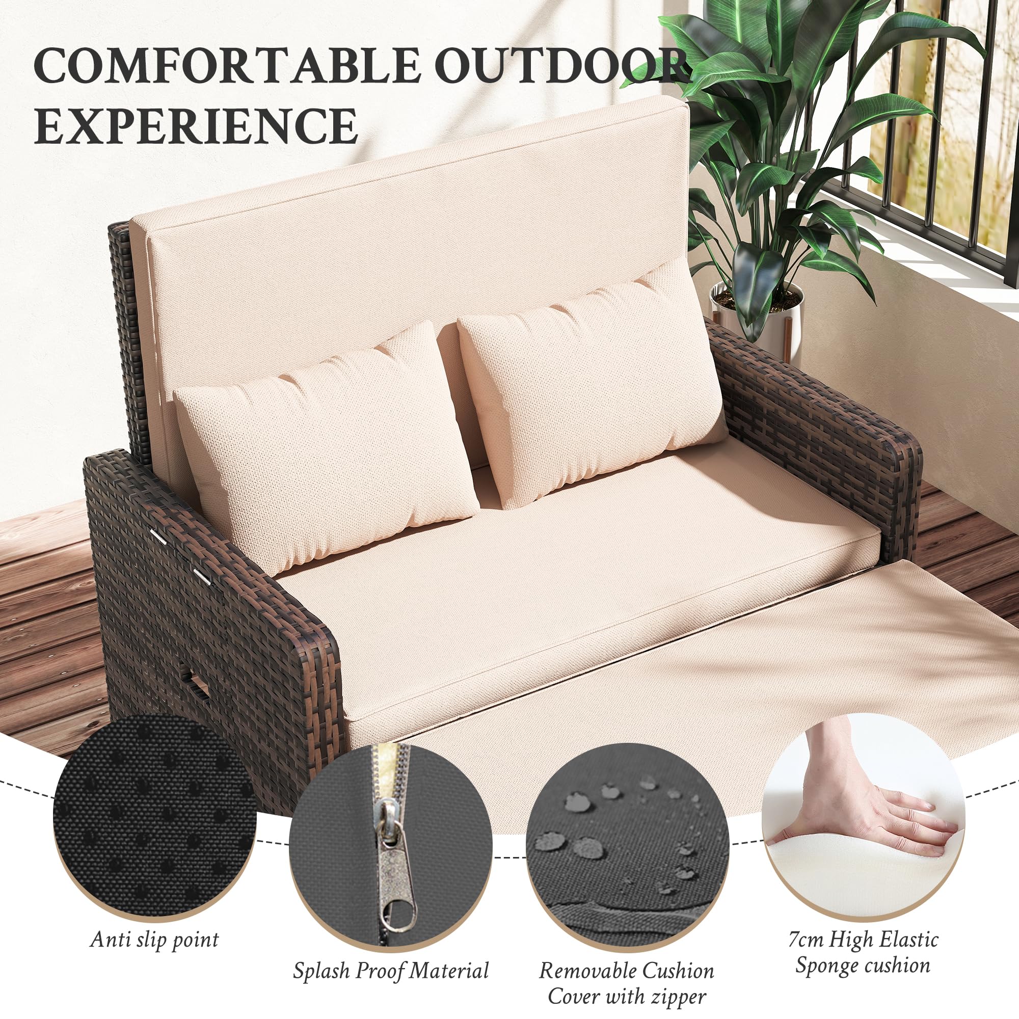 UDPATIO Sofá de Ratán 2 Plazas con Reposapiés con Almacenamiento, Muebles de Salón de Ratán para Exteriores con Respaldo Regulable y Cojines Gruesos, para Terraza y Jardín - Beige