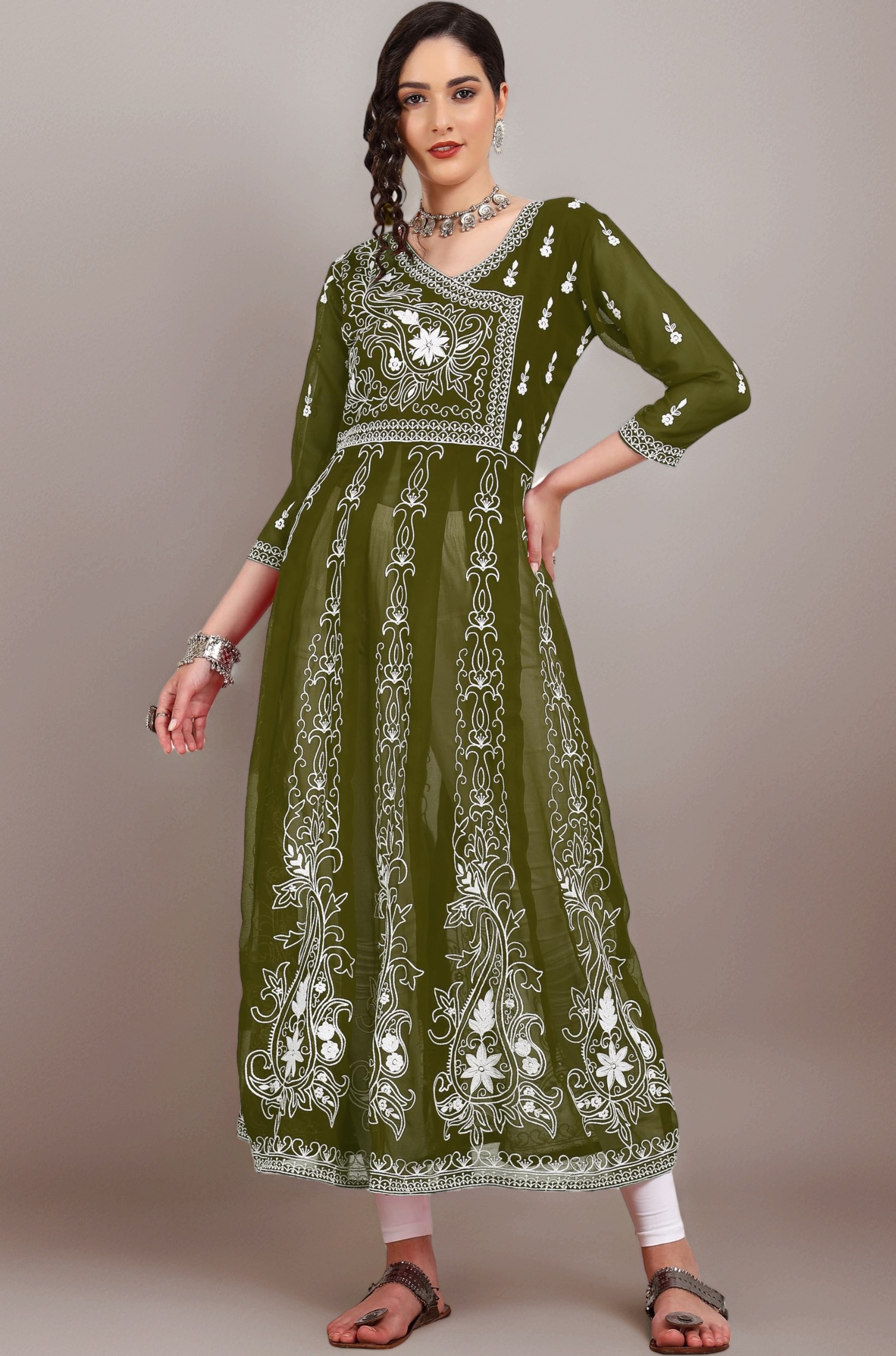 EthnicJunction Women's Georgette Regular Fit Anarkali Embroidered Chikankari Work Angrakha Kurta