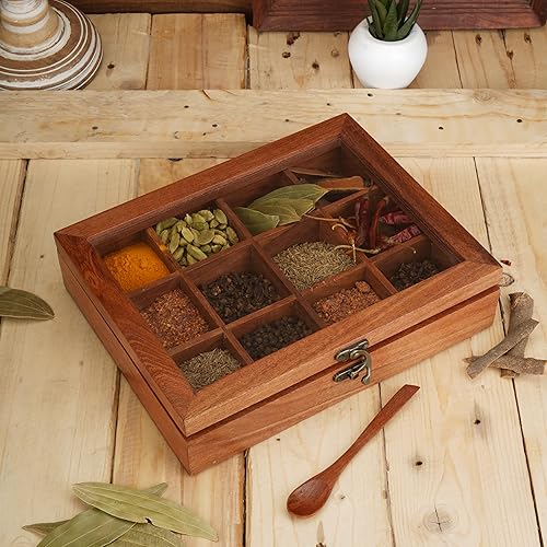 Miniatura 2 de Ajuny Caja de especias indias Masala Dabba hecha a mano de madera con tapa de vidrio en la parte superior con 12 recipientes no extraíbles y 1
