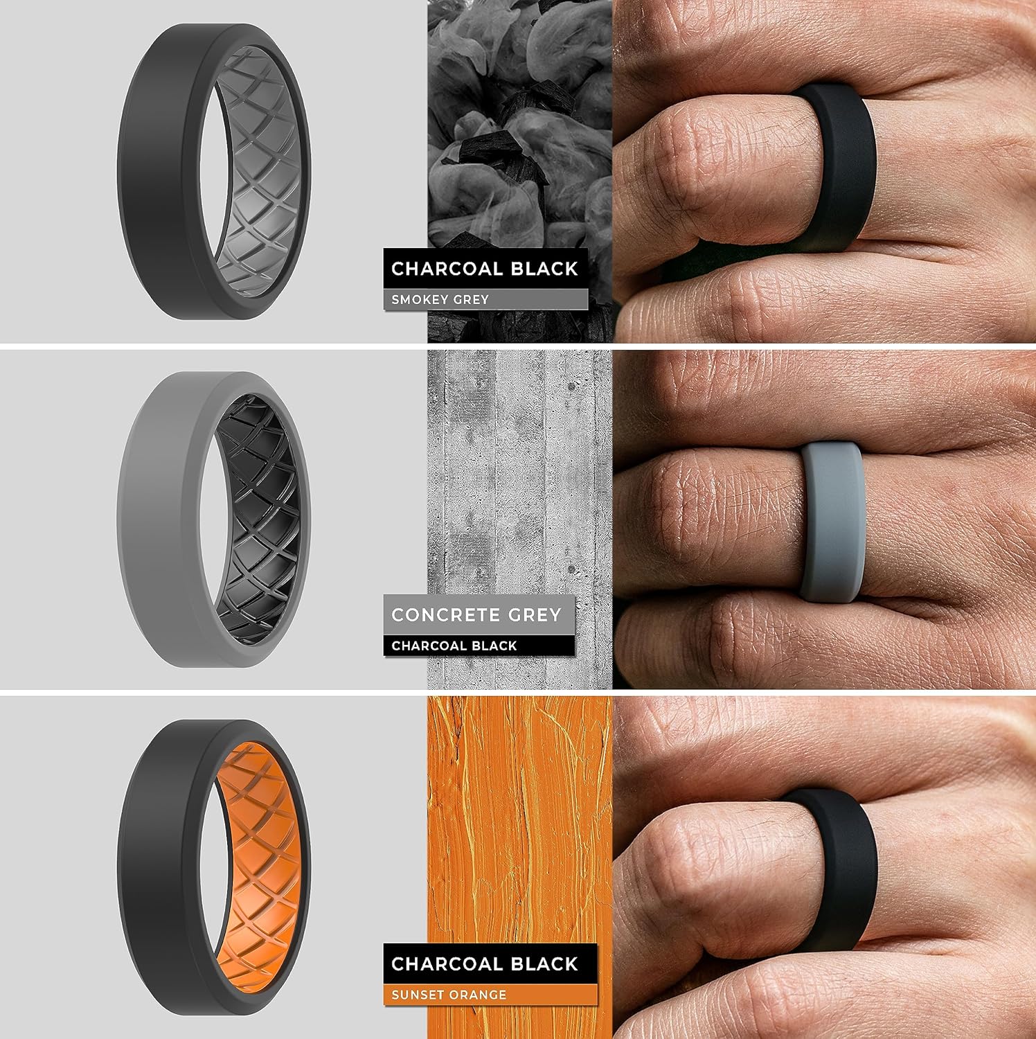 ThunderFit Men Silicone Wedding Rings, Breathable Pattern Engagement Bands 8mm Wide 2.2mm Thick - 1/4/7 Variety Multipack - Image 5
