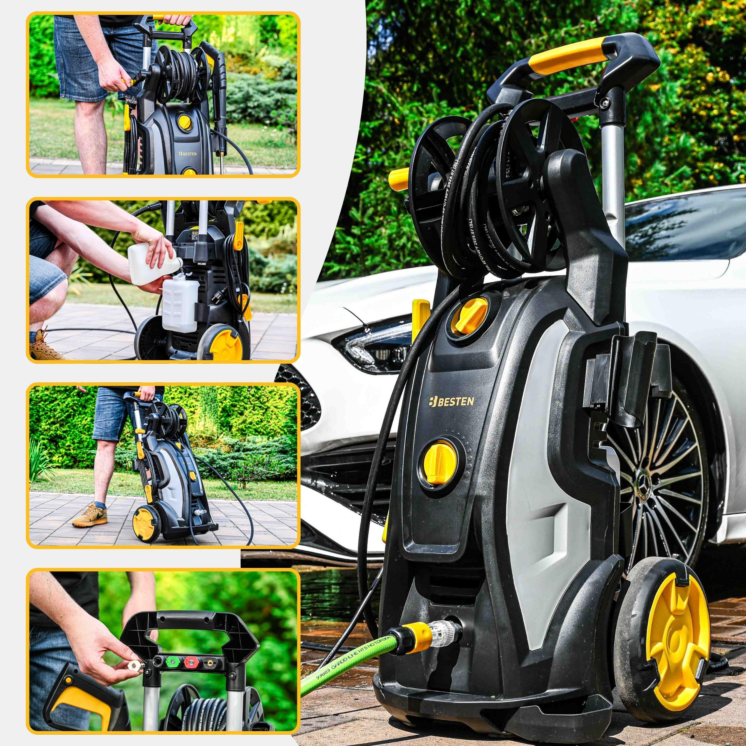 Myjka ciśnieniowa 350 bar 3200 W • silnik indukcyjny + pompa mosiężna • zestaw PRO (10 m wąż, turbo dysza, szczotka auto, szczotka do kostki w zestawie) BESTEN