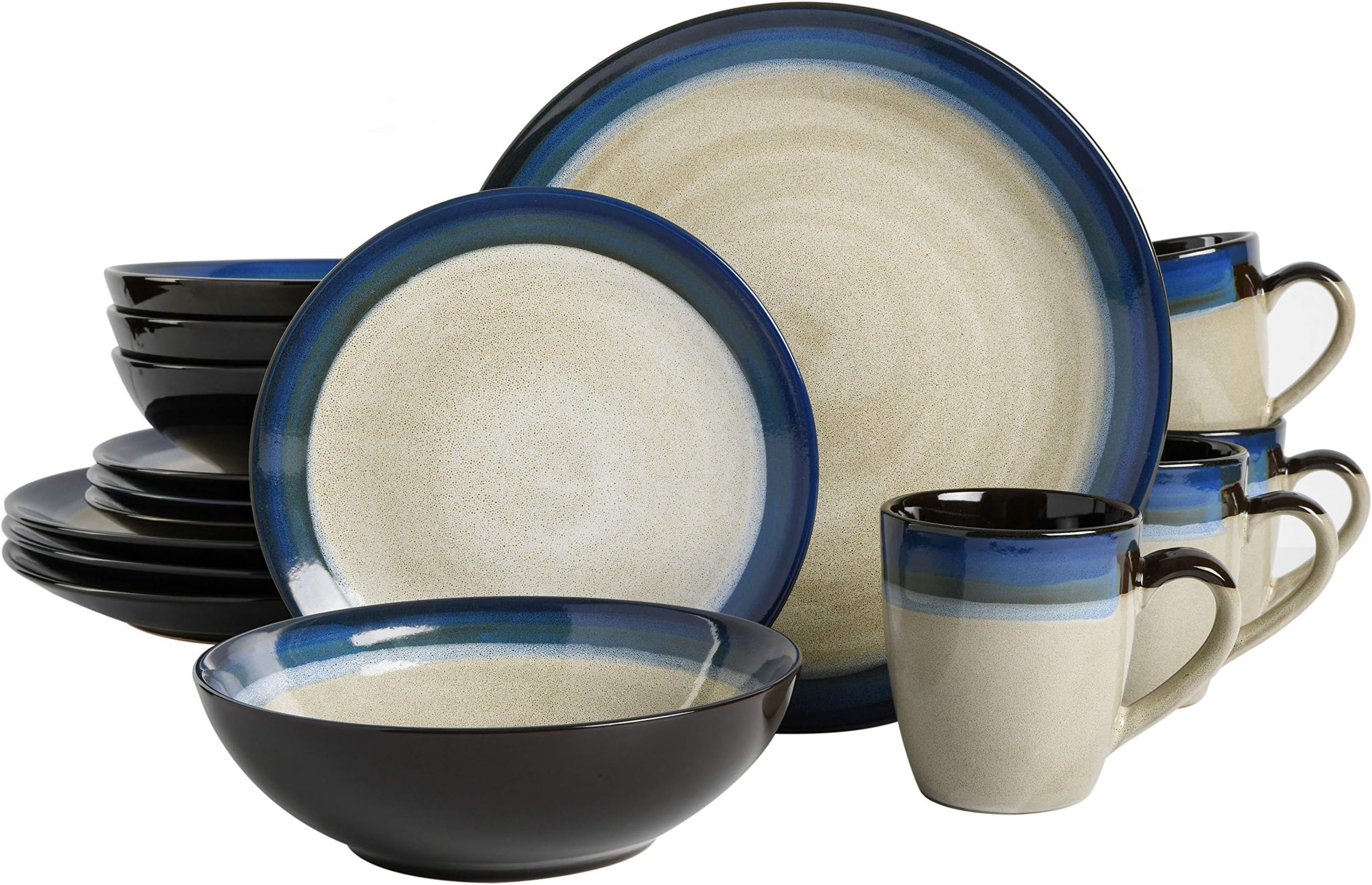 Gibson Elite Couture Bands Round Reactive Glaze Stoneware Dinnerware Set, Service for Four (16pcs), Blue and Cream