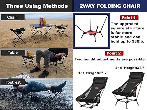 Miniatura 3 de STMZ-BH2 - Silla de camping compacta de 2 vías, silla plegable portátil, silla de playa con bolsillo lateral, reposacabezas y reposapiés, silla de