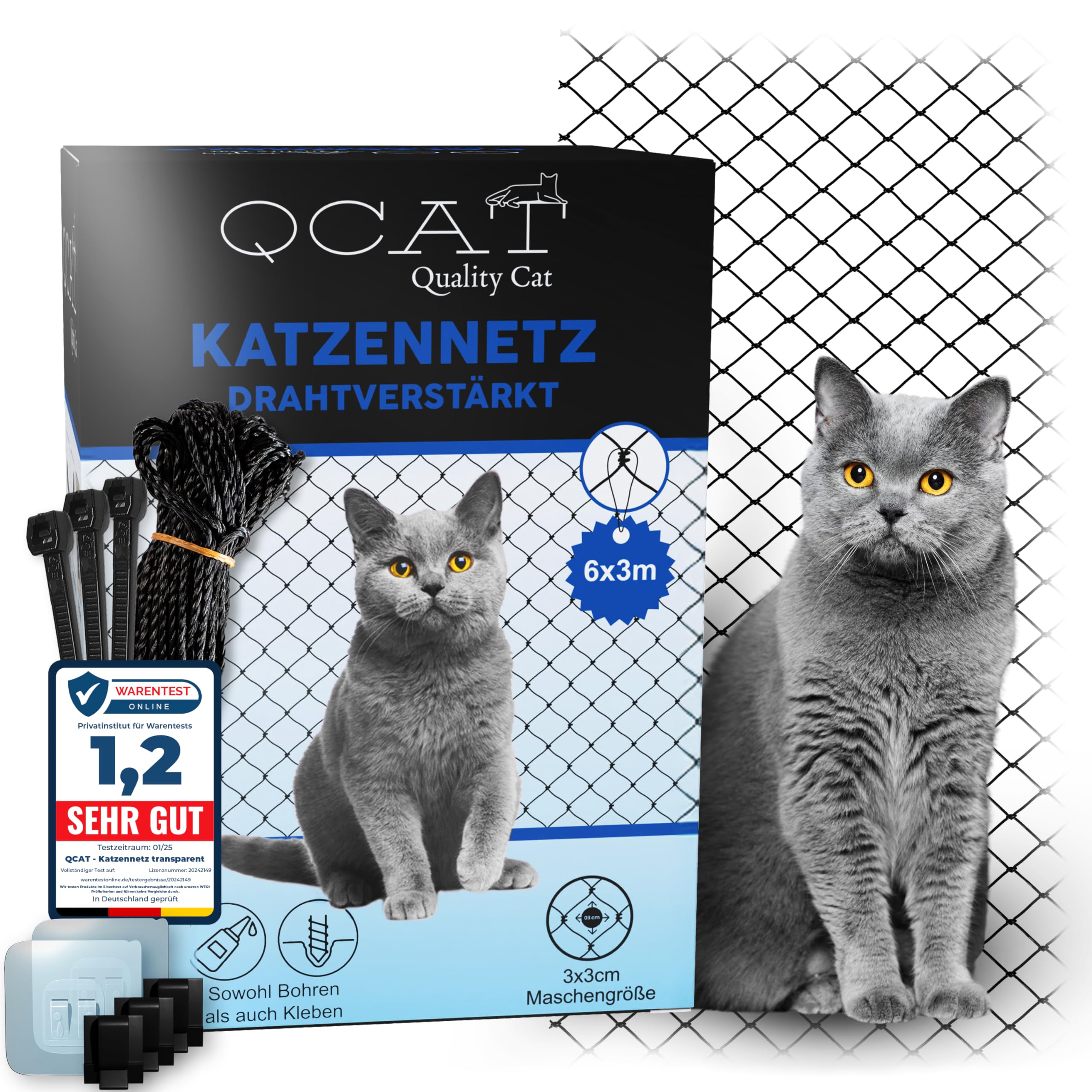 QCAT - Rete per gatti 7 in 1 per balcone [extra rinforzato] | universale, senza foratura, adattabile | rete per balconi, finestre (6 x 3 m, nero)
