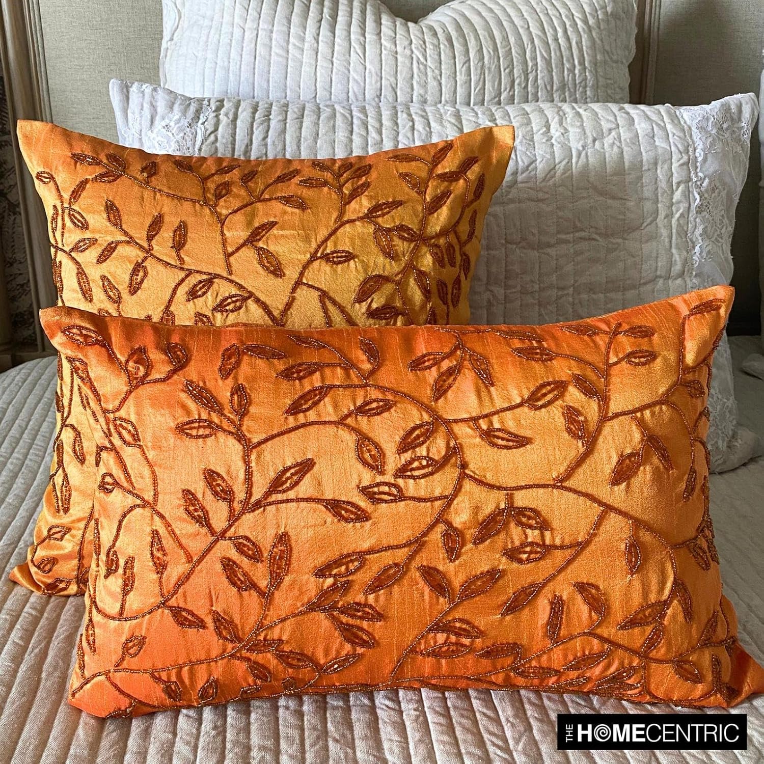 The HomeCentric Decorative Pillow Cover, Green Decorative Pillow Covers 16x16 inch (40x40 cm) Silk Throw Pillow Covers, Nature & Floral, Leaf, Beaded, Tropical Couch Pillow Cases Easter - Tropical