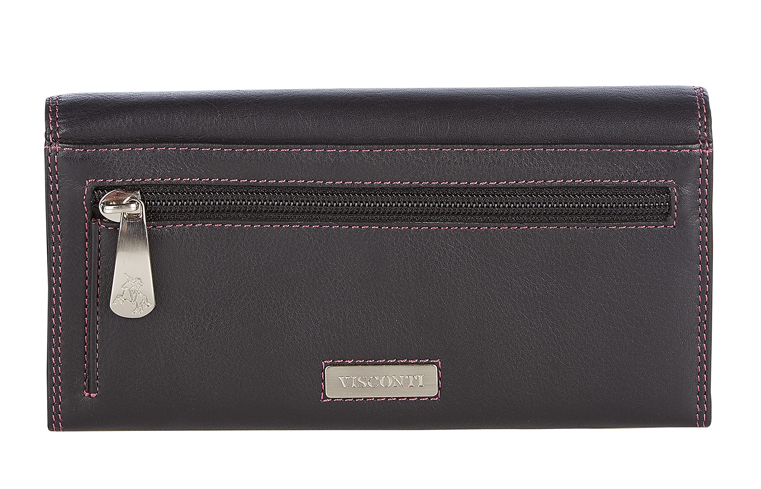 Visconti Portafoglio Donna 100% Vera Pelle - Protezione RFID - XL 18 x 9 cm - Portafoglio con Bottone Automatico per Extra Sicurezza Portafoglio Bifold con Confezione Regalo 'Rio' - Nero/Viola