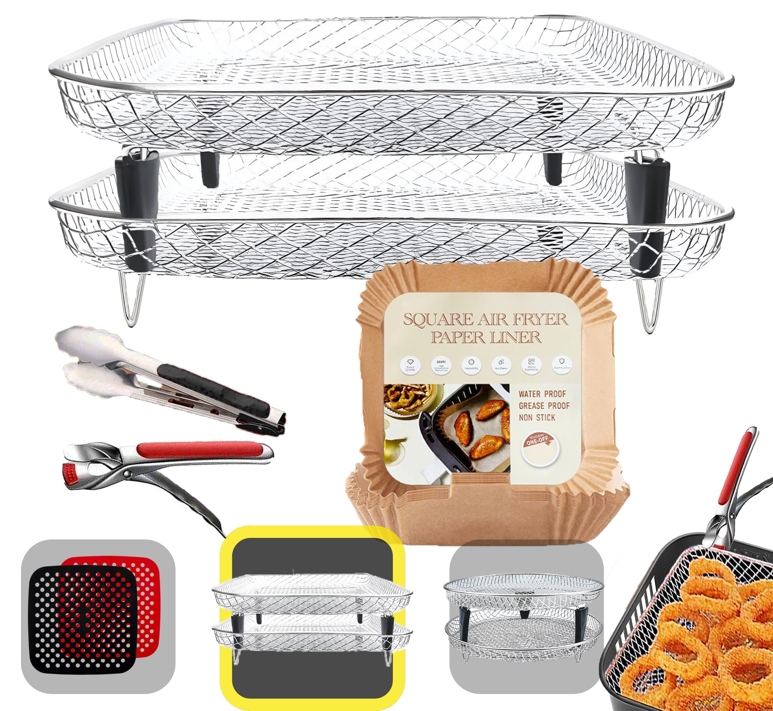 FRYUP® Rejilla Air Fryer Cuadrada [21x21cm] [SuperPack] - Compatible con COSORI [5,5L, 6L, 6,4L]- Rejilla para Freidora de Aire - Accesorios Freidora de Aire Cuadrada Sin Aceite - Pinzas + 50 Papeles