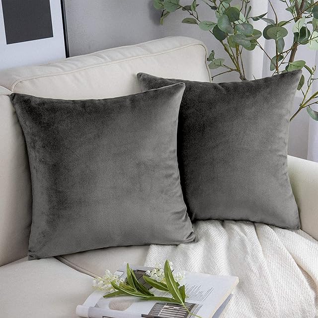 YORKSHIRE BEDDING Cushion Covers 45 x 45 cm - Luxury Velvet Square Throw Pillow Cases - Decorative Soft Pack of 2 Grey Cushion Cover for Sofa Couch Bedroom with Invisible Zipper, 18x18 Inches