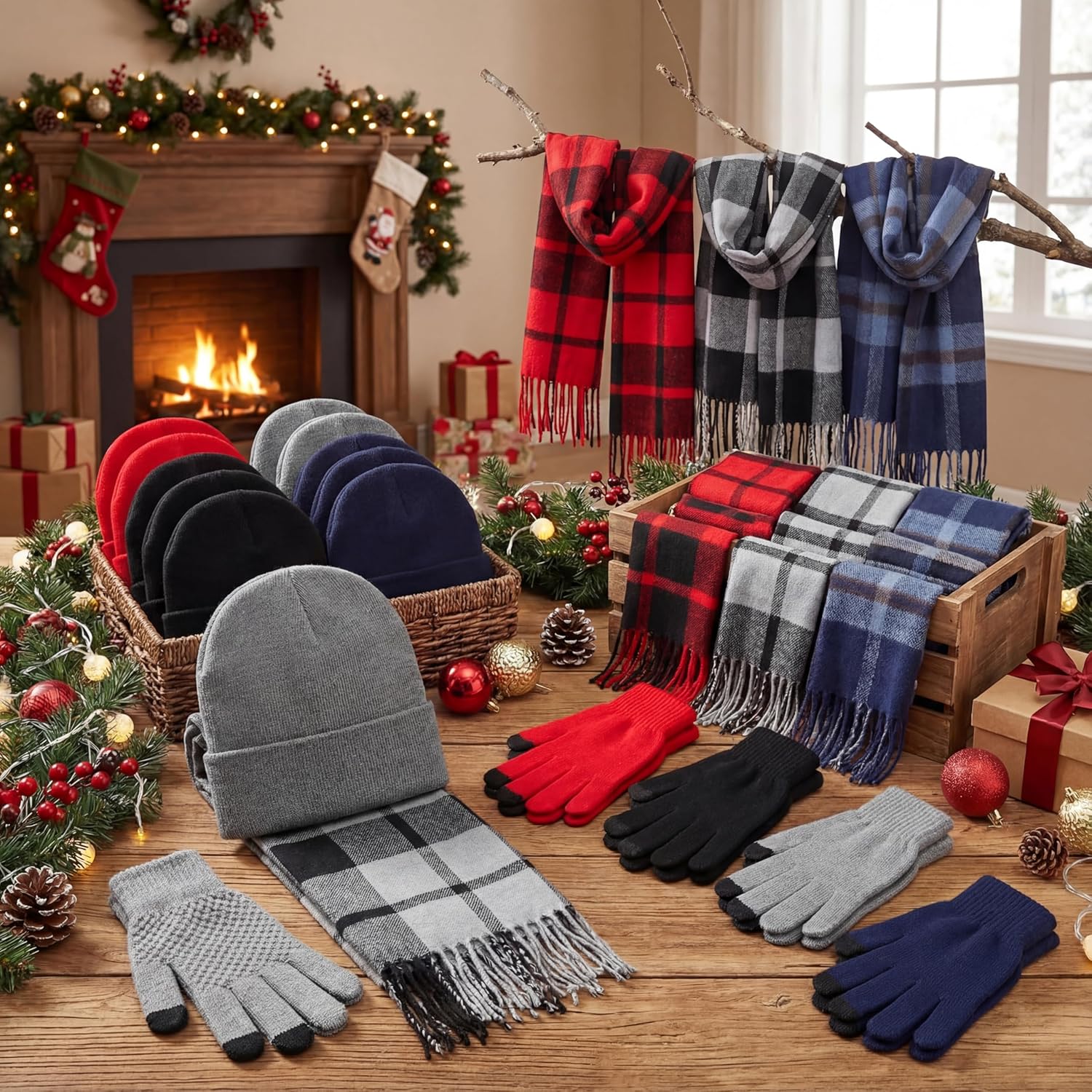 Chicingyou 84 Pack Winter Ski Knit Beanie Hat Plaid Scarf Gloves Bulk Touch Screen Gloves for Women Men Homeless Gift