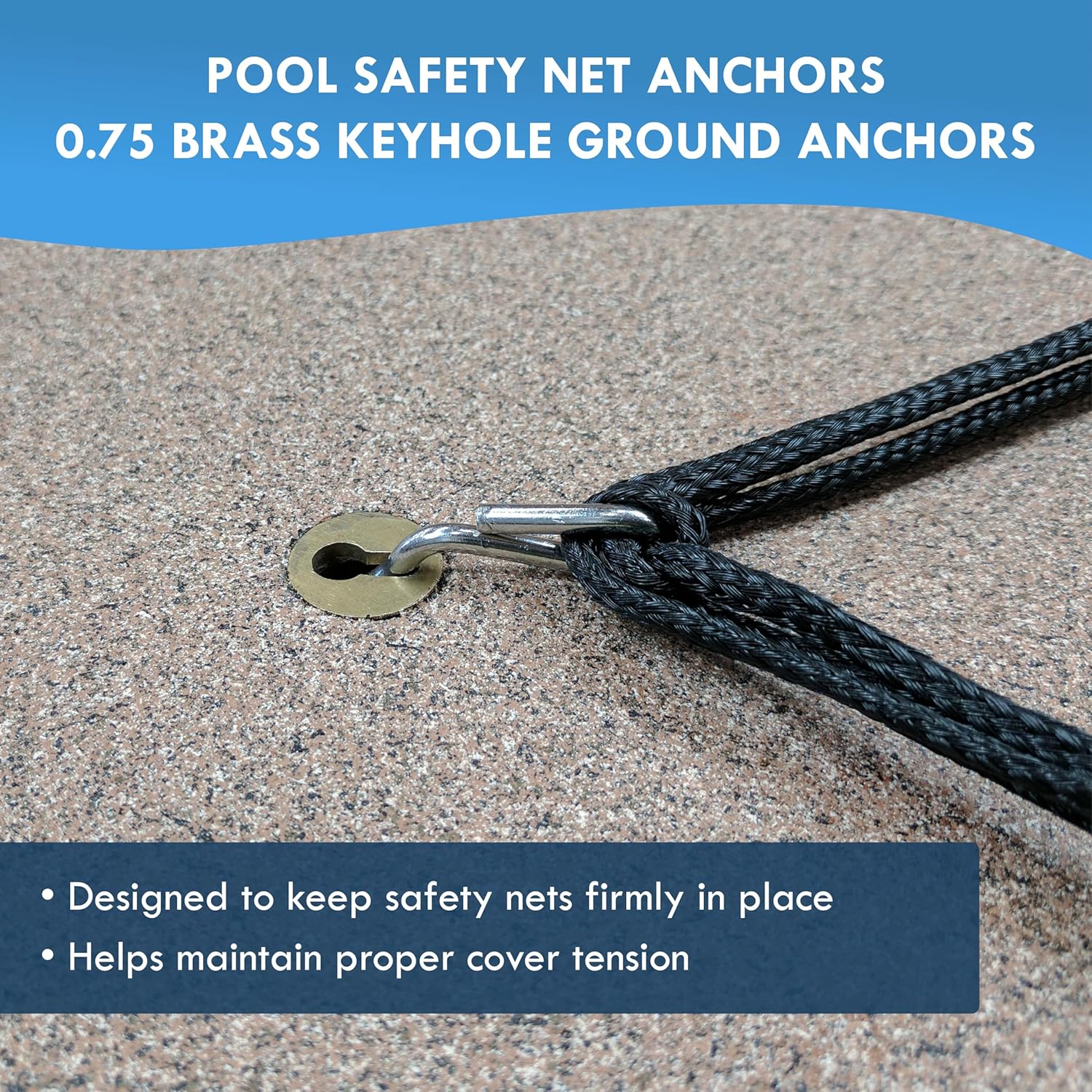 Pool Safety Net Anchors – 0.75 Brass Keyhole Ground Anchors & Pool Deck Concrete Anchors (Qty 10) – Compatible with Cone Head Clips for Safety Net Covers, Spa Decks & Inground Applications