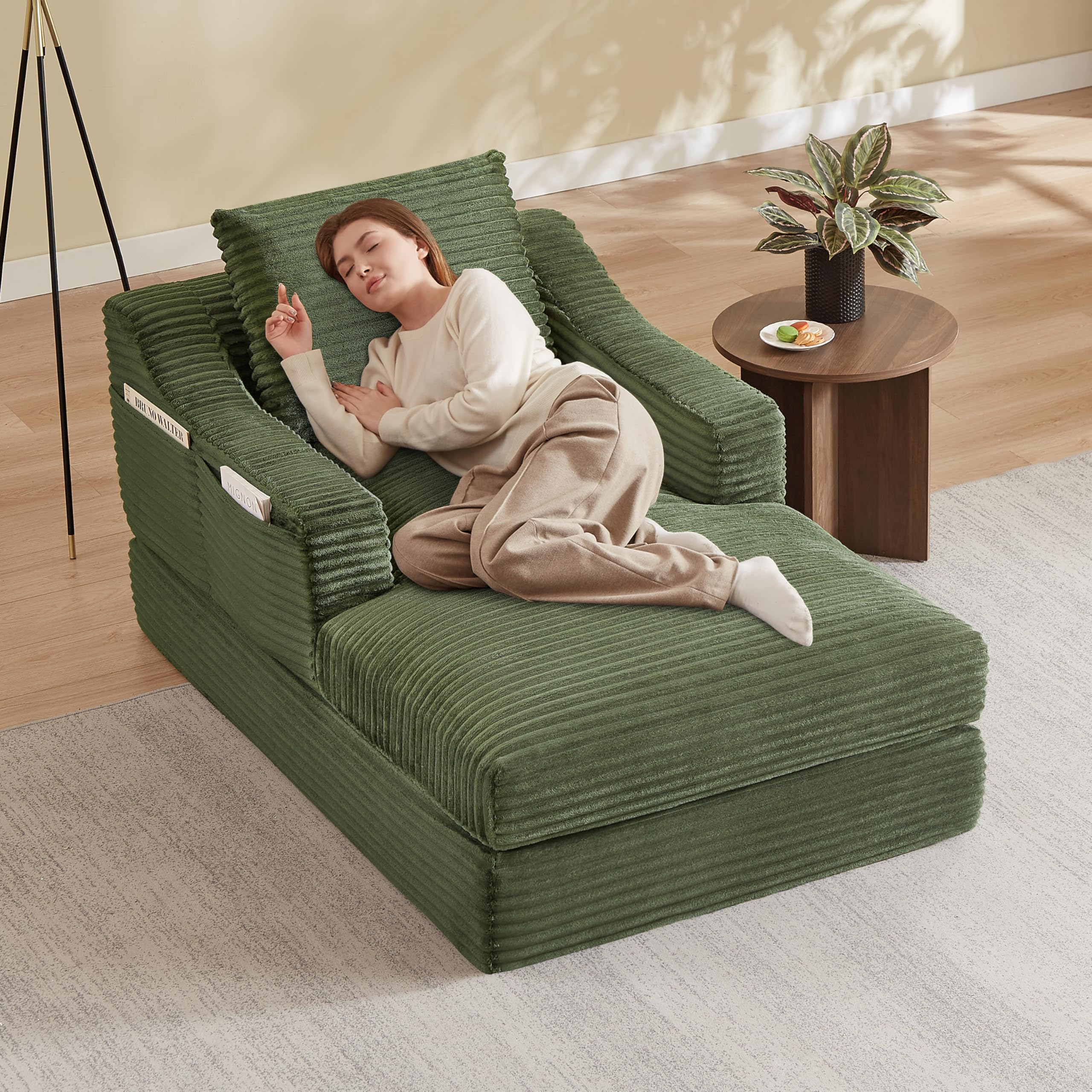 Sofá chaise longue de 160 cm, sofá de suelo sin boneless y sofá cama con función de dormir, sin montaje, diseño de doble capa, sofá reclinable suave para salón, oficina y apartamento (beige)