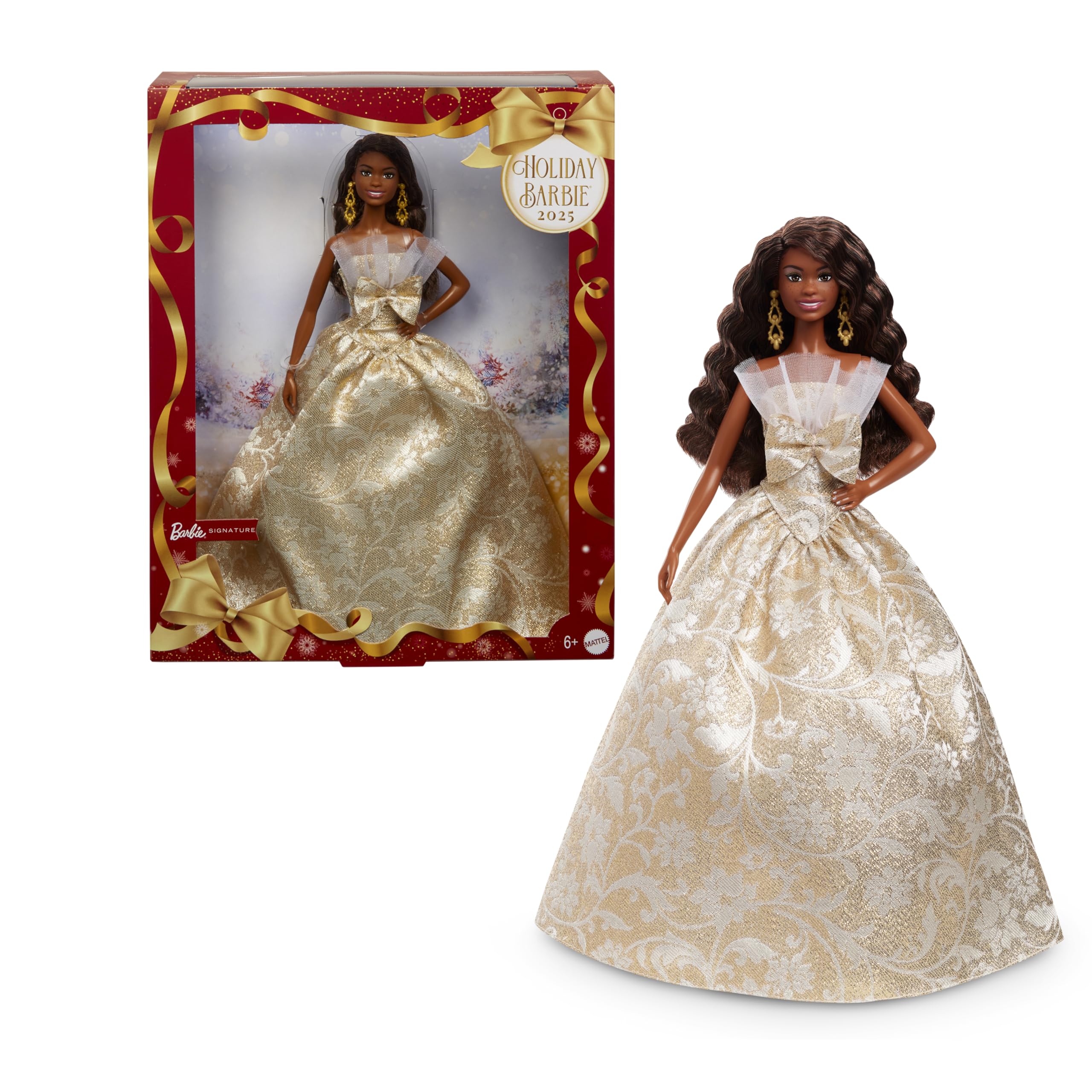 Barbie Signature Magia delle Feste 2025, bambola da collezione con capelli neri e abito argento e oro, confezione da esporre, regalo per le feste, giocattolo per bambini, 6+ anni, JBJ01