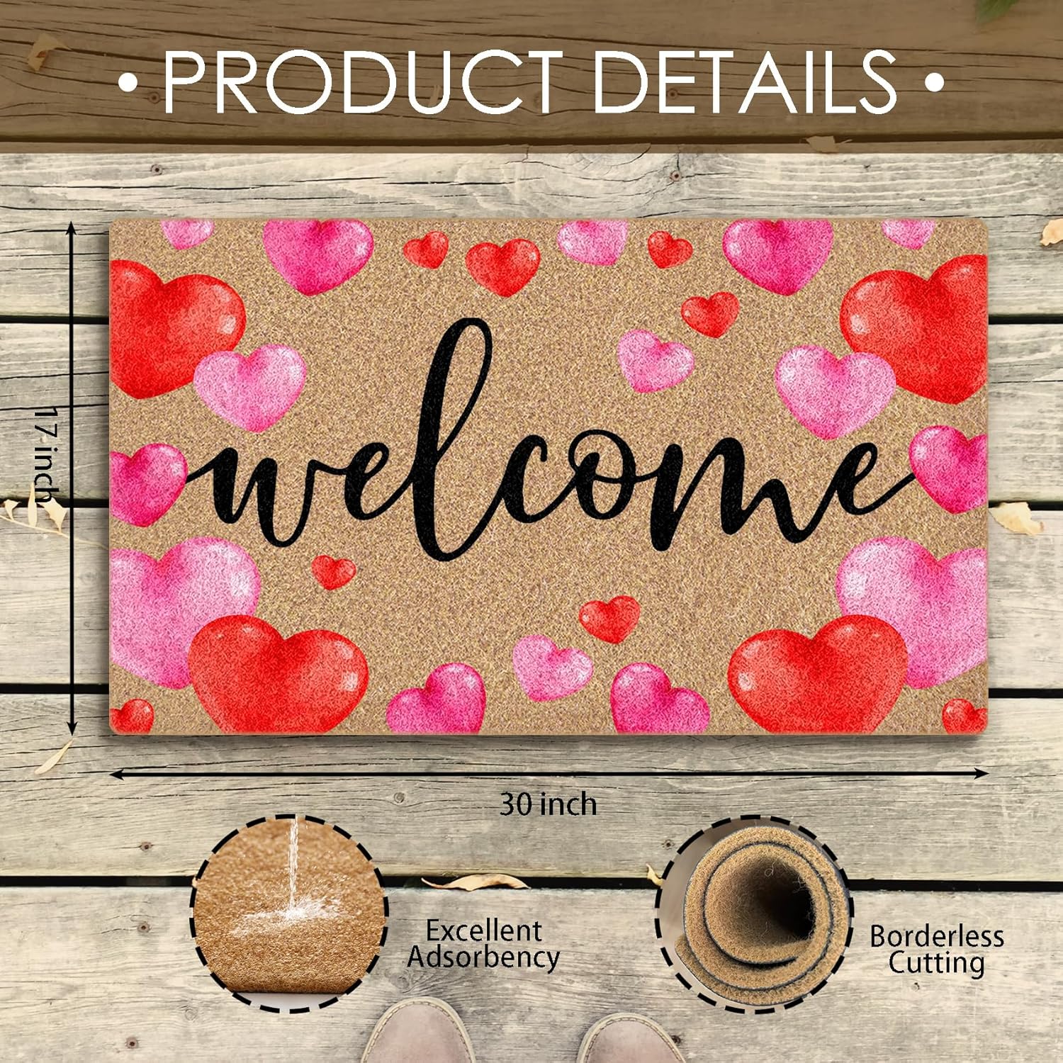Valentines Day Welcome Coco Coir Doormat Door Welcome Mat for Home Entrance Front Door, Pink Red Love Heart Anniversary Valentine's Day Floor Mats for Outdoor Outside Entryway 30x17 Inch