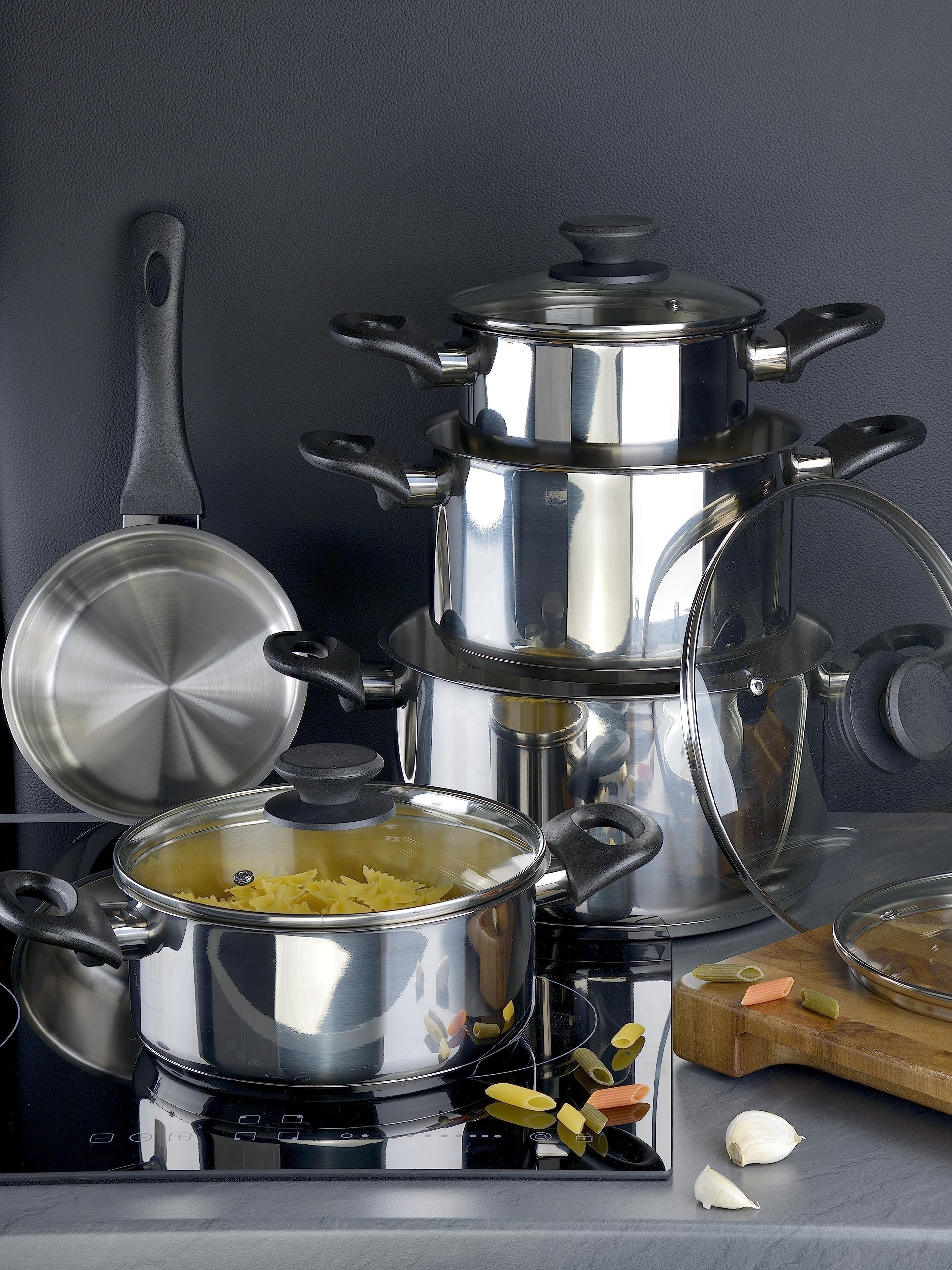 Linnuo Topfset Induktion Kochtopf Set Edelstahl Töpfe mit Glasdeckel Griff nicht heiß, Kochgeschirr Induktion, stabiler Boden für alle Herde induktionsgeeignet, Topf groß klein, Cooking Pot Set