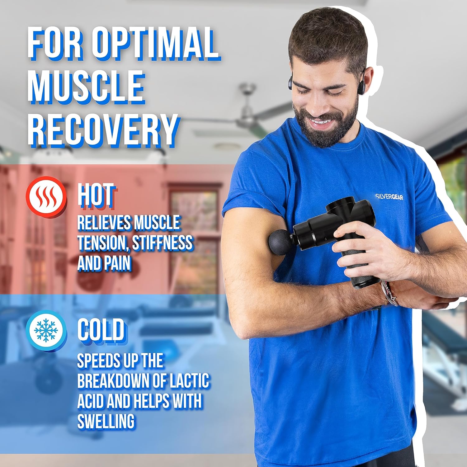 User demonstrating the Silvergear Massage Gun Pro for optimal muscle recovery, highlighting hot and cold benefits.