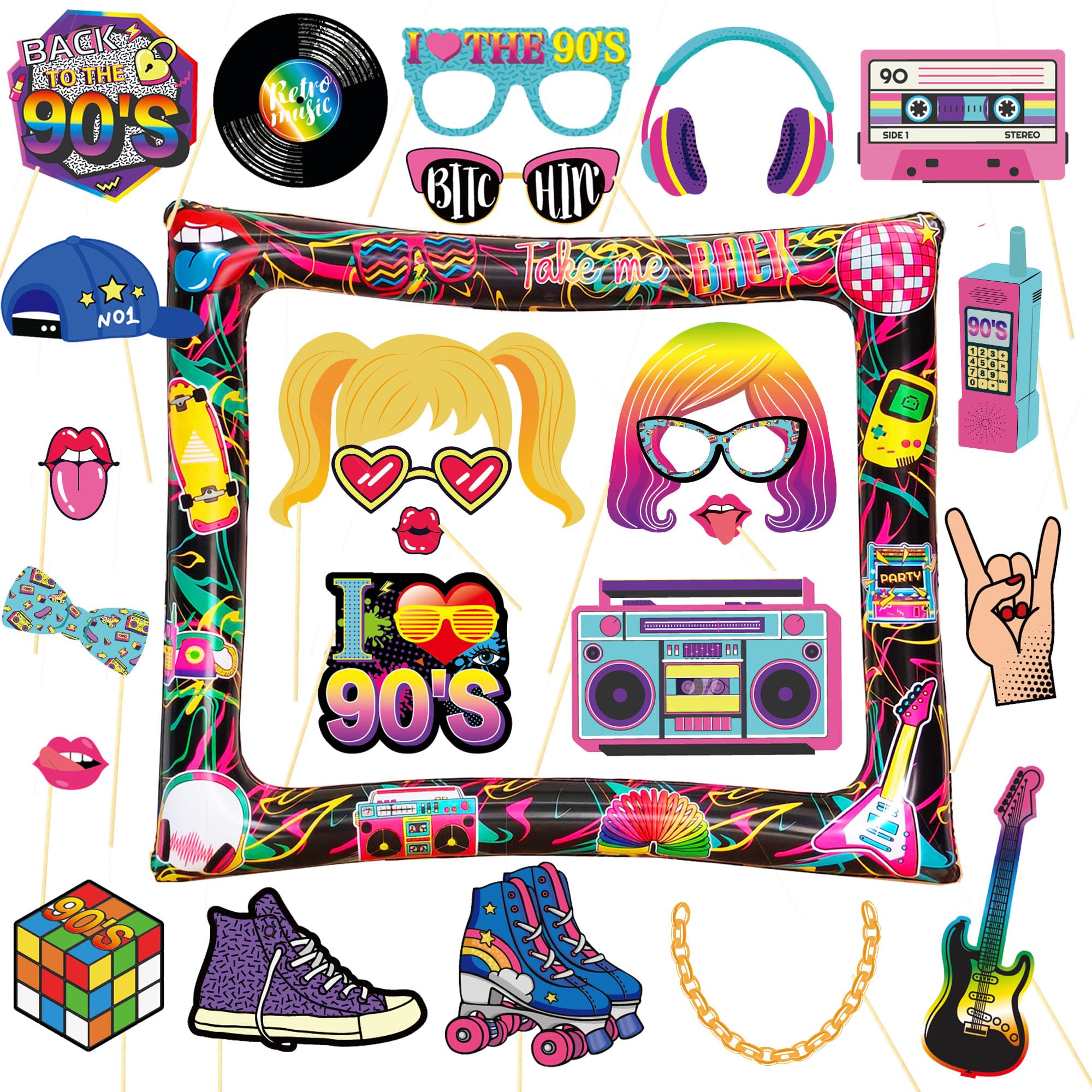 90s Party Decorations, LMSHOWOWO 25PCS 90s Photo Booth Props with Inflatable Photo Booth Frame, 1990s Party Props, Giant Retro Selfie Frame, for Birthday 1990s Accessories Hippie Disco Decorations
