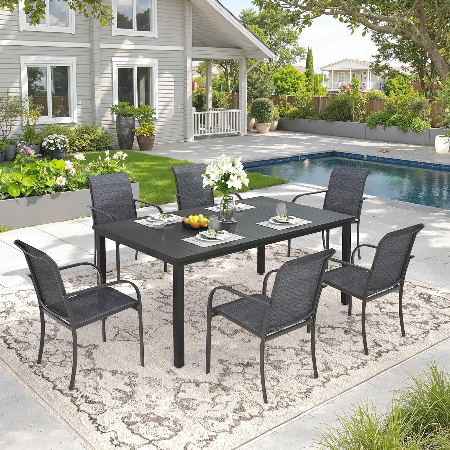 DIFY 7 Pieces Outdoor Patio Dining Set for 6, 63" Black Rectangle Metal Dining Table and 6 Grey Stackable Sling Dining Chairs, Outdoor Table and Chairs for Lawn Garden Backyard Deck