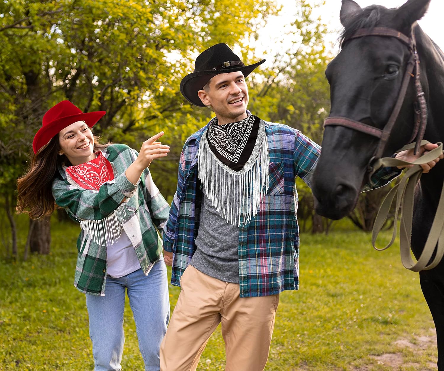 Cowboy Hat with Fringed Bandana Set for Women Wide Brim Western Cowgirl Hat Paisley Head Wrap Scarf - Image 3