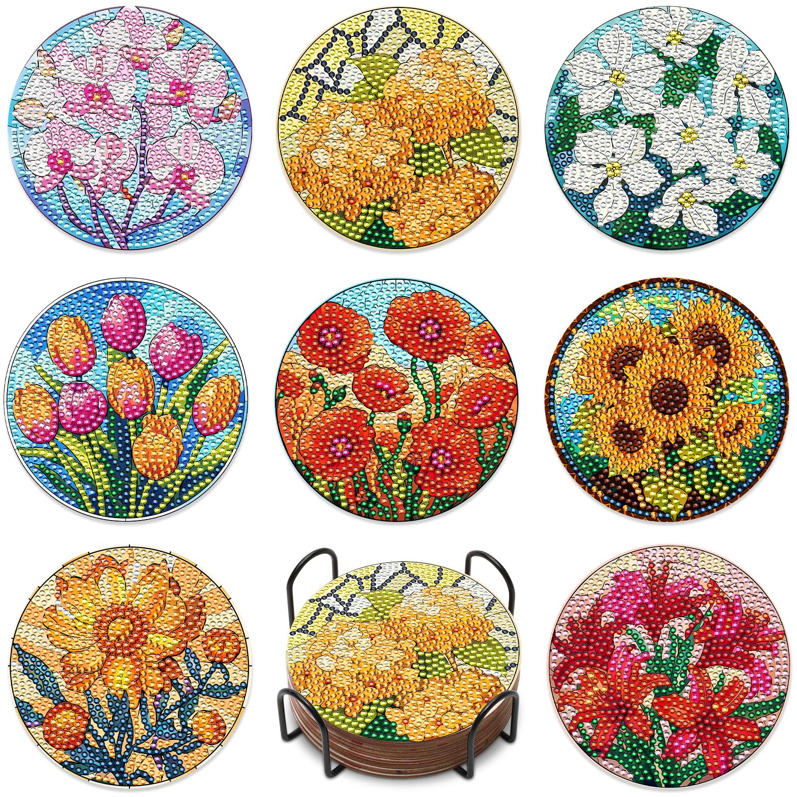 8PCS Flower Diamond Art Coasters Set DIY Diamond Coasters Kit Office Home Kitchen Flower Cup Diamonds Painting Coaster