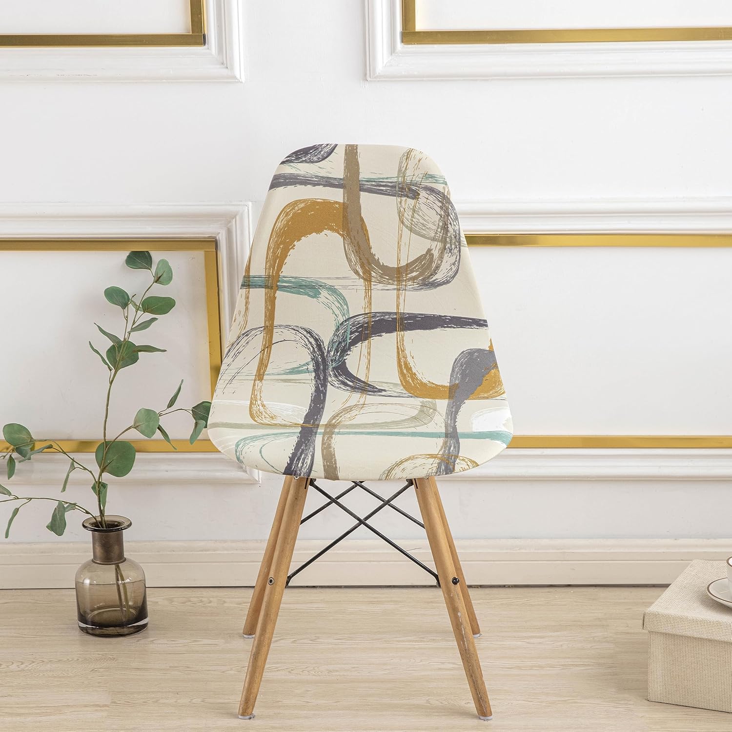 4PCS Mid-Century Modern Dining Chair Covers, Abstract Pattern, Multicolor, Polyester, Pet Tools, Indoor Use, Armless, 17"H x 19"W x 5"D