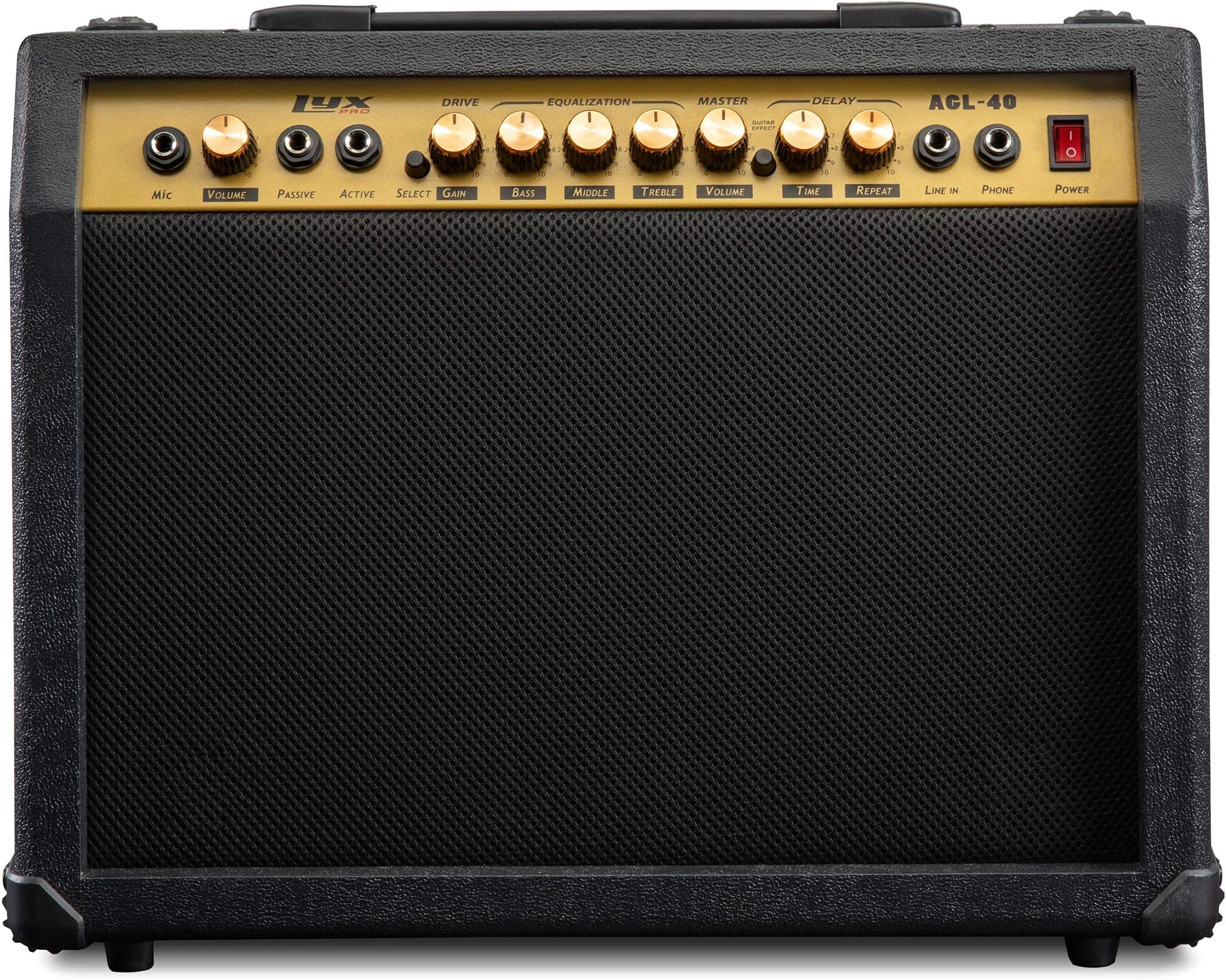 LyxPro 40 Watt Electric Guitar Amplifier | Combo Solid State Studio & Stage Amp with 8” 4-Ohm Speaker, Custom EQ Controls, Drive, Delay, ¼” Passive/Active/Microphone Inputs, Aux in & Headphone Jack