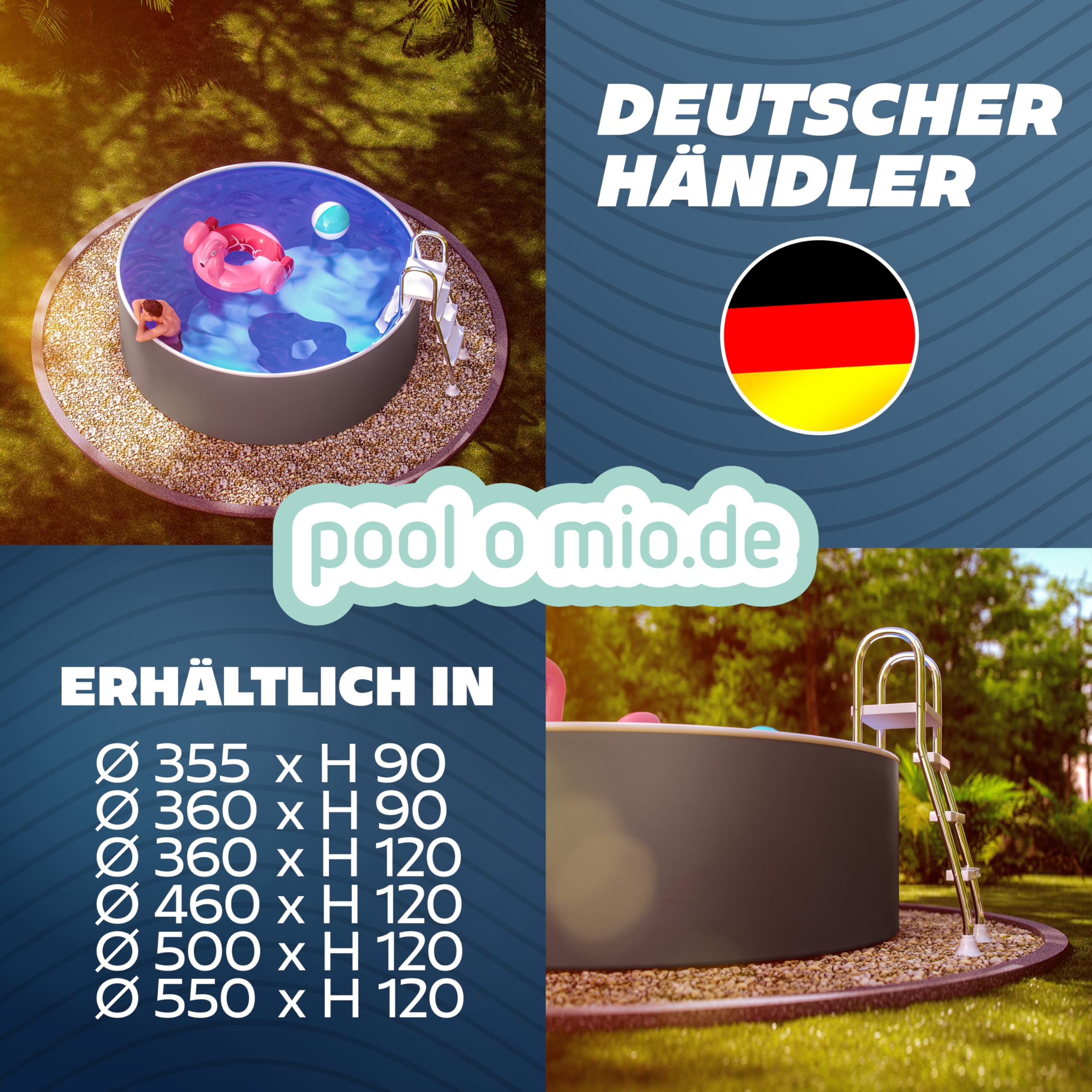poolomio® Piscine Ronde à Paroi en Acier 460 x 120 cm Graphite/Blanc | Robuste Pour Jardin Hors Sol ou Encastrable | Kit Complet avec Film Intérieur 0,5 mm, Skimmer et Buse