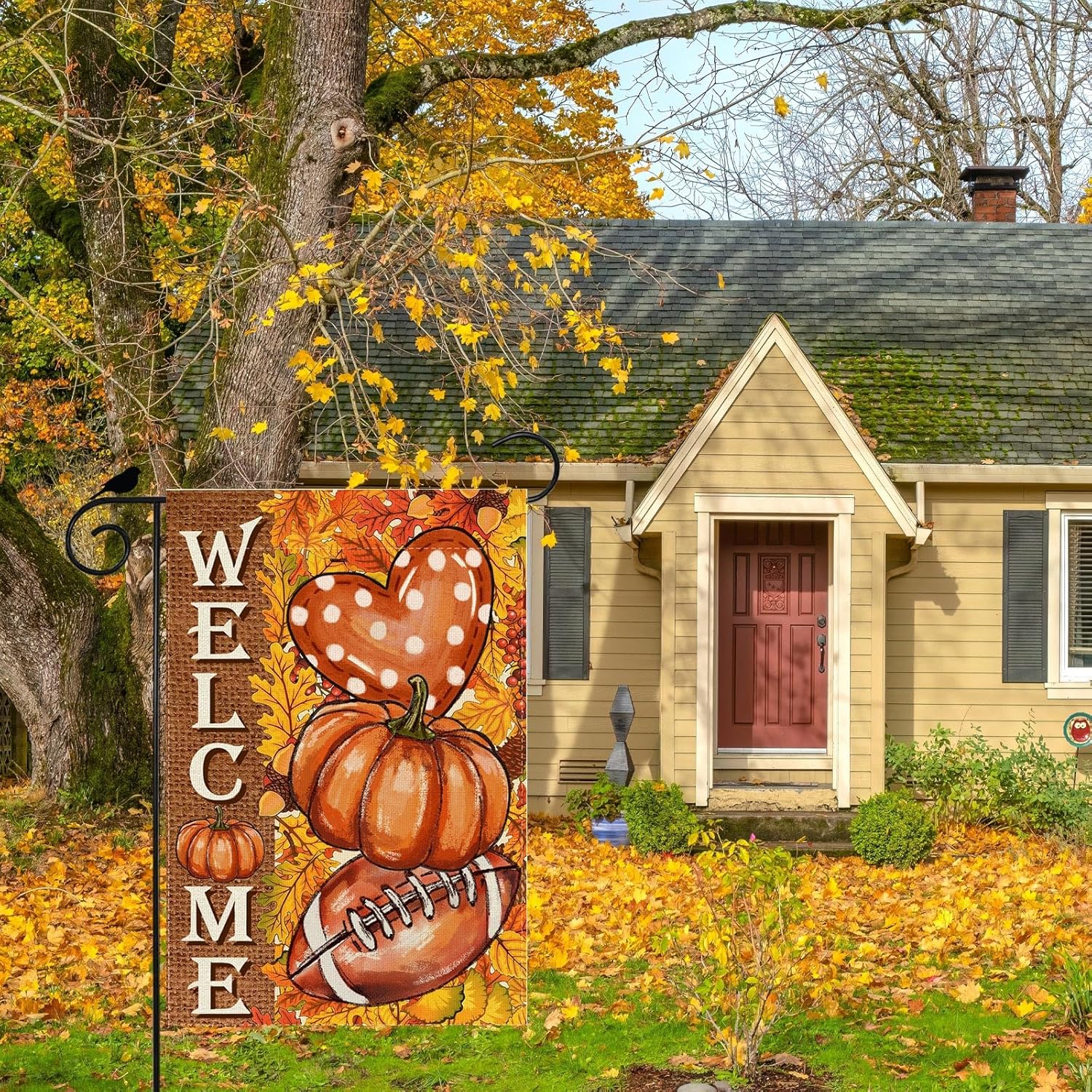 Fall Welcome Pumpkins Football Love Heart Maple Leaves Autumn Garden Flag Yard Flag 12x18 Inch Double Sided Small Mini Yard Outdoor Outside Farmhouse Holiday Decoration - Image 3