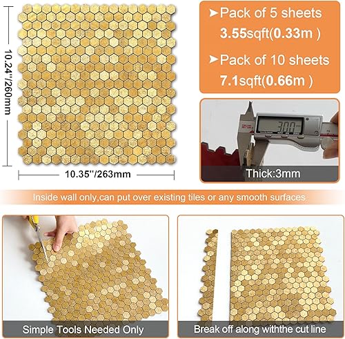 Miniatura 6 de VAOVI Azulejos dorados para salpicaduras de cocina, azulejos adhesivos de mosaico, azulejos autoadhesivos, resistentes al calor, azulejos