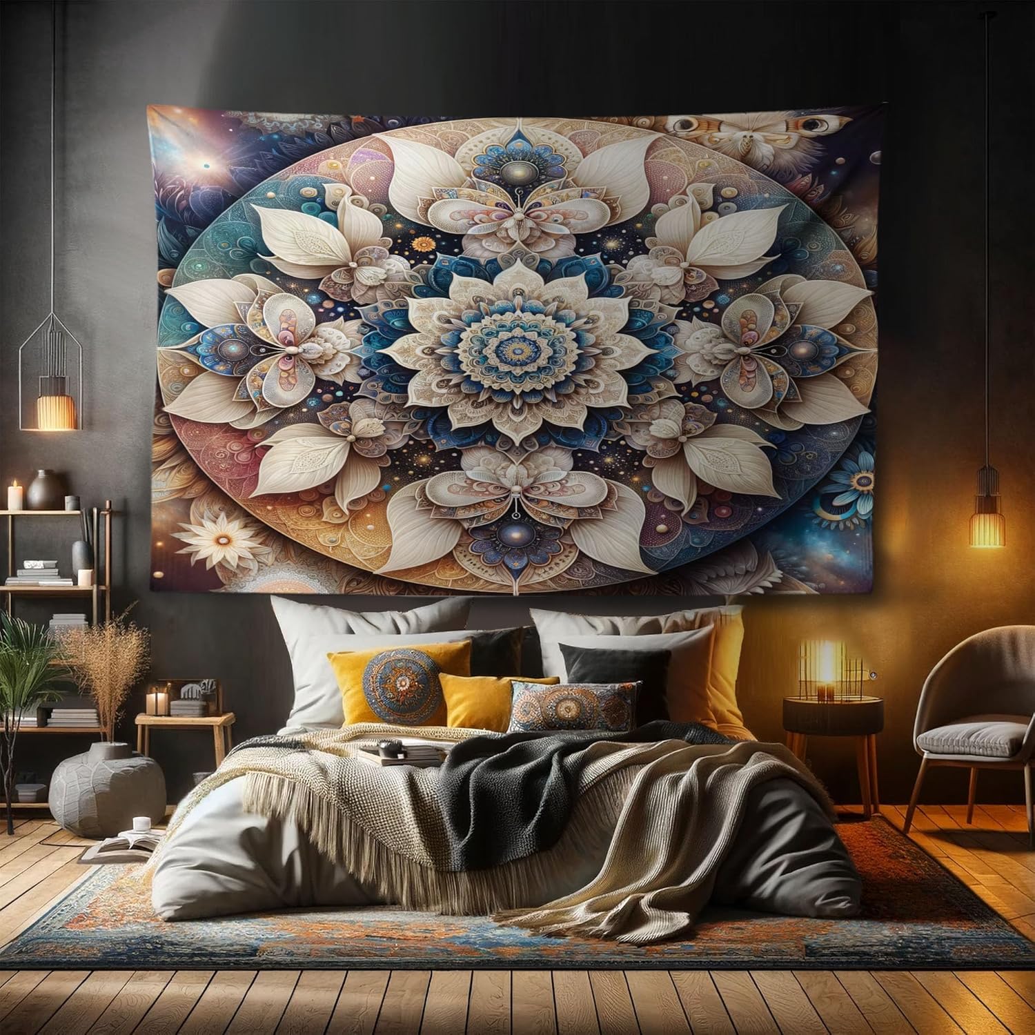 Ambesonne Mandala Tapestry, Dreamy Composition of Astral Atmosphere Blooming Trippy Floral Boho, Fabric Wall Hanging Decor for Bedroom Living Room Dorm, 90" X 60", Eggshell Sea Blue Indigo