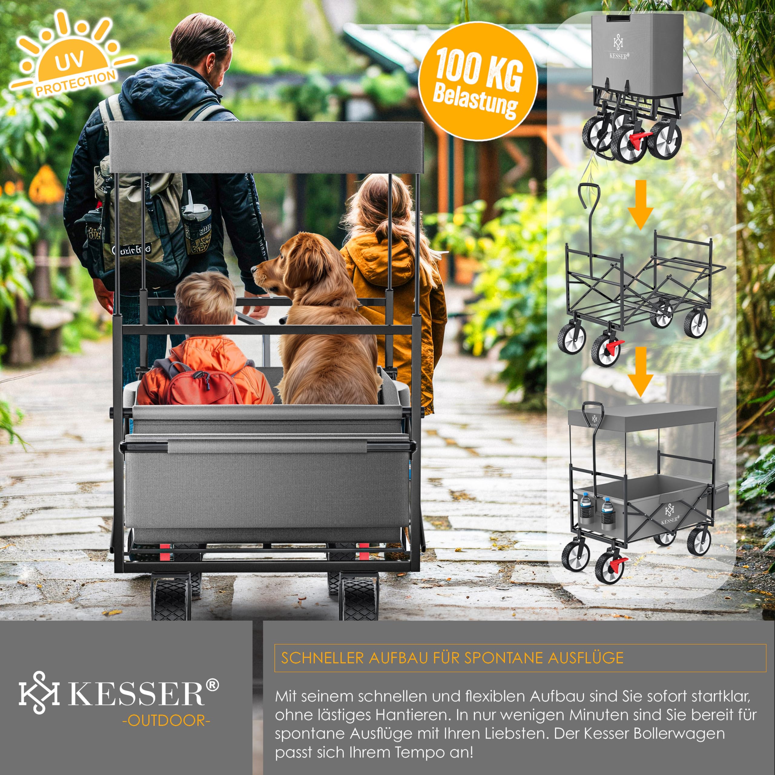 KESSER® Carro Plegable con Techo | Carrito de Jardín con 2 Bolsillos de Red y uno Exterior con Freno en la Rueda Delantera | Ruedas de Goma | hasta 100 kg de Capacidad | Gris