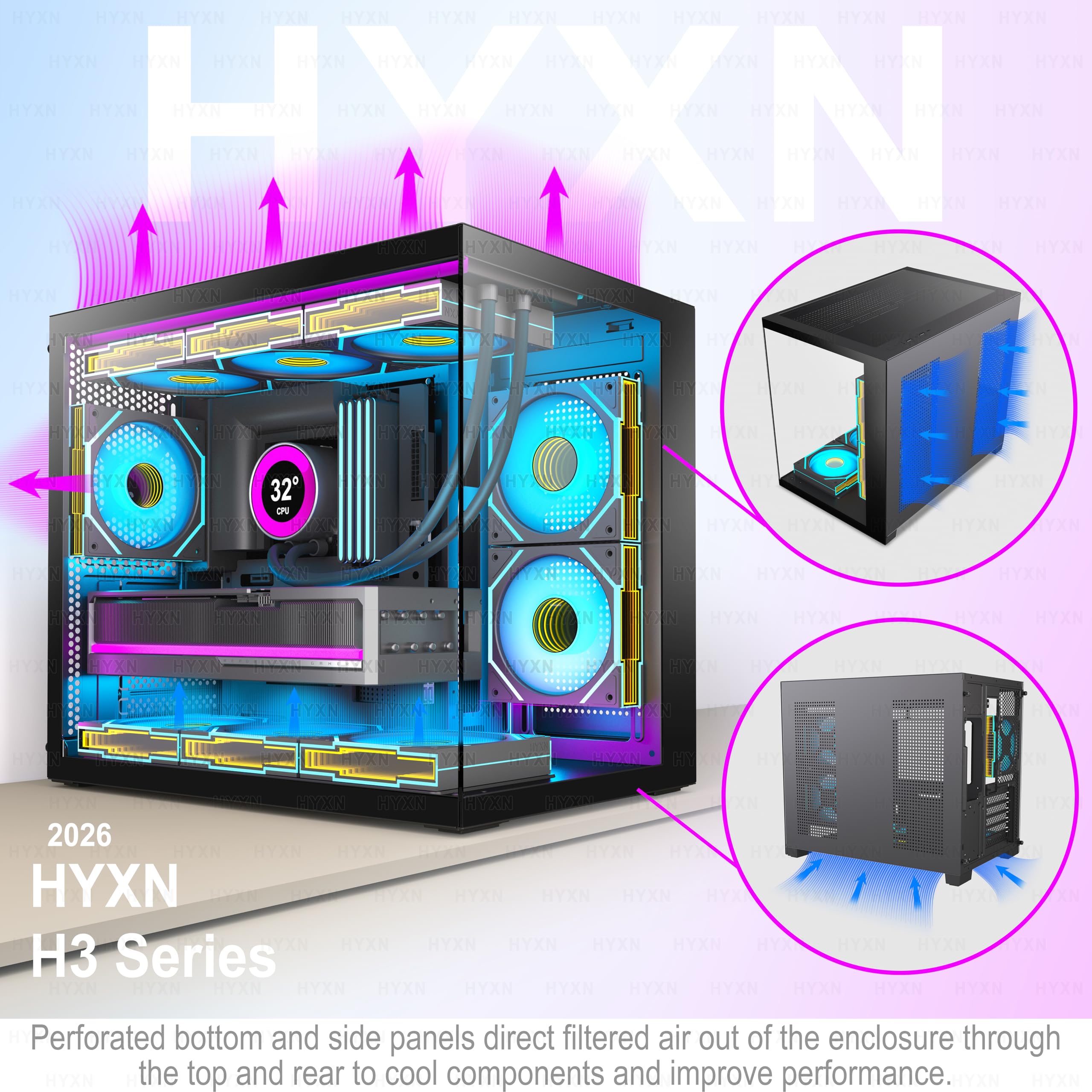 H3 ATX PC Case - Pre-Installed with 6 Infinity Mirror PWM ARGB Fans - Compact Dual Cavity Mid-Tower Gaming PC Case,360mm Radiator Support - with Type-C 3.2 (Black) - 5
