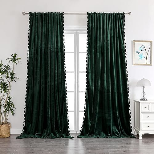 Miniatura 5 de Benedeco Cortinas de terciopelo verde para ventana de dormitorio con pompones, cortinas de lujo súper suaves, cortinas de oscurecimiento de la