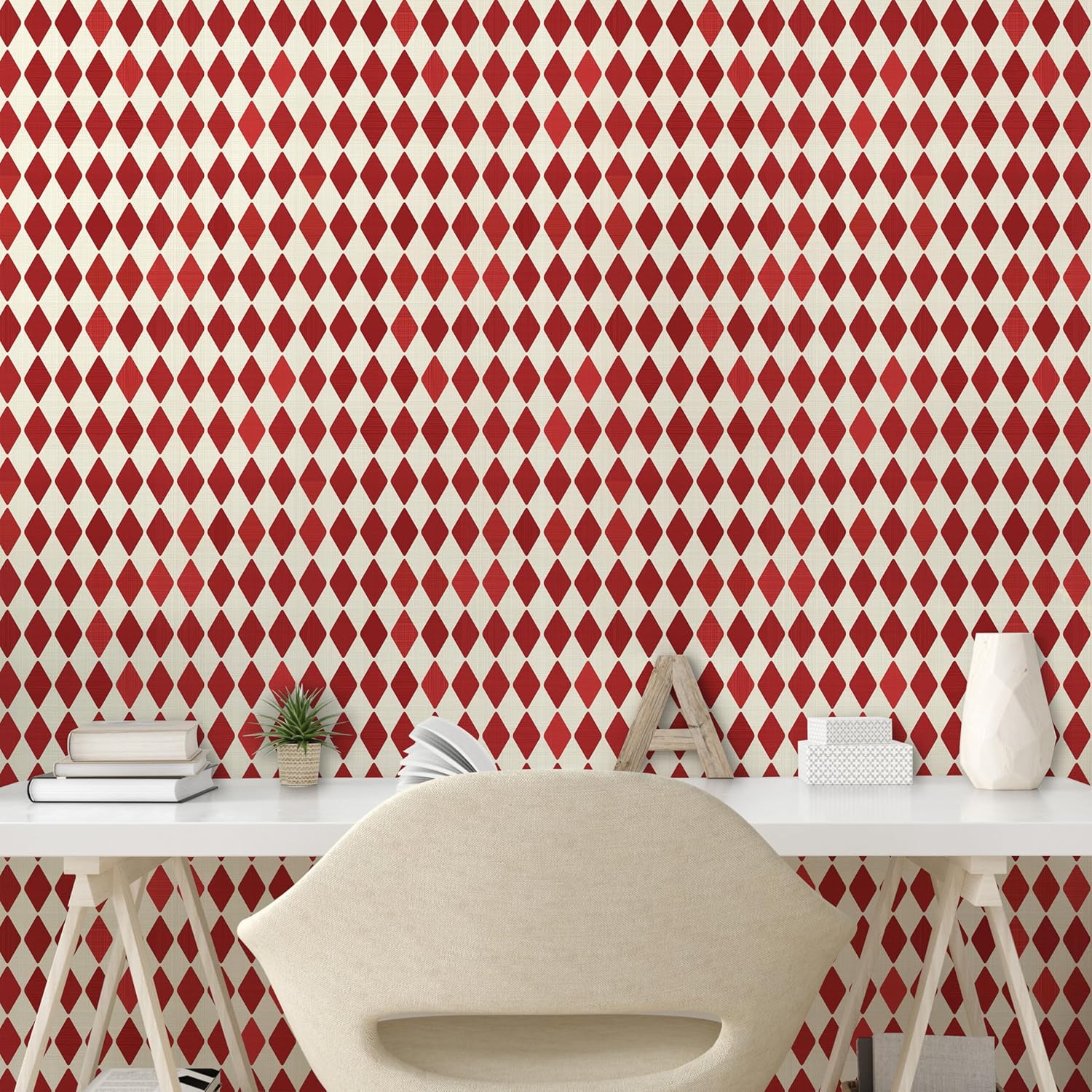Ambesonne Retro Peel & Stick Wallpaper for Home, Harlequin Style Geometric Vintage Background with Rhombus Motifs Pattern, Self-Adhesive Living Room Kitchen Accent, 13" x 36", Vermilion and Ivory