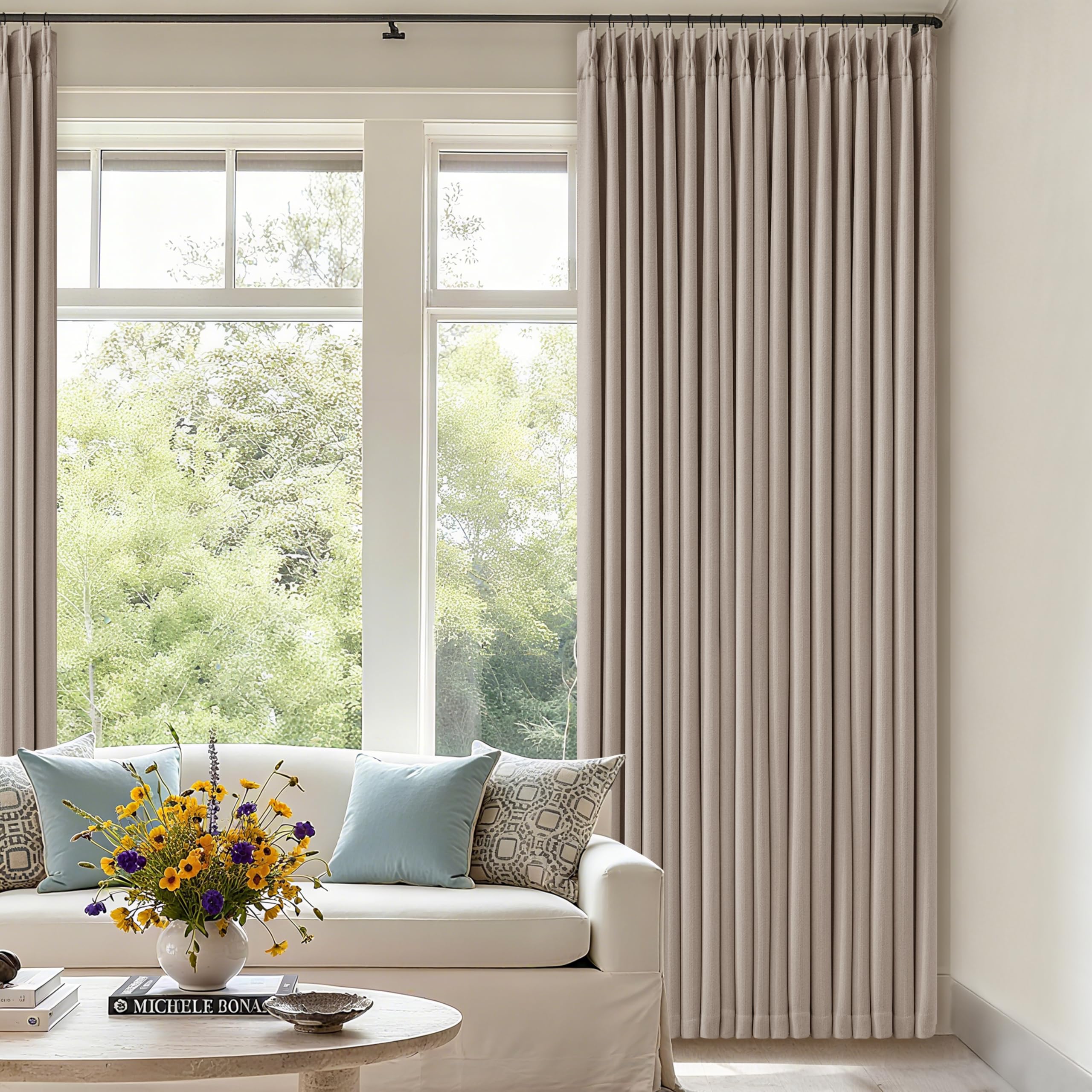 70 Inch Wide Blackout Curtains 84 Inches Long Memory Trained Pinch Pleated Room Darkening Thermal Linen Textured Two Layer Extra Wide Drapes for Living Room Sliding Door Burlywood Birch 1 Panel โ image 1