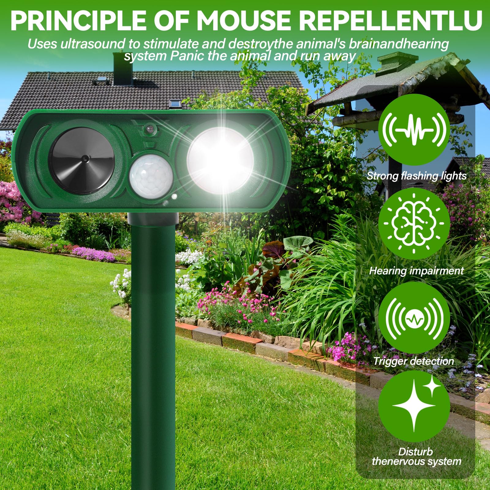 Répulsif Chat Ultrason Extérieur avec Détecteur de Mouvement Lumière LED Étanche pour Jardin Chien Écureuil Renard 510B