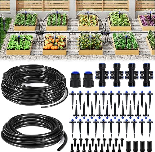 HIRALIY 220FT Garden Drip Irrigation Kit for Large Gardens | Quick-connect watering system with 33FT 15mm hose, 32 adjustable drippers for raised beds, vegetable gardens & greenhouses