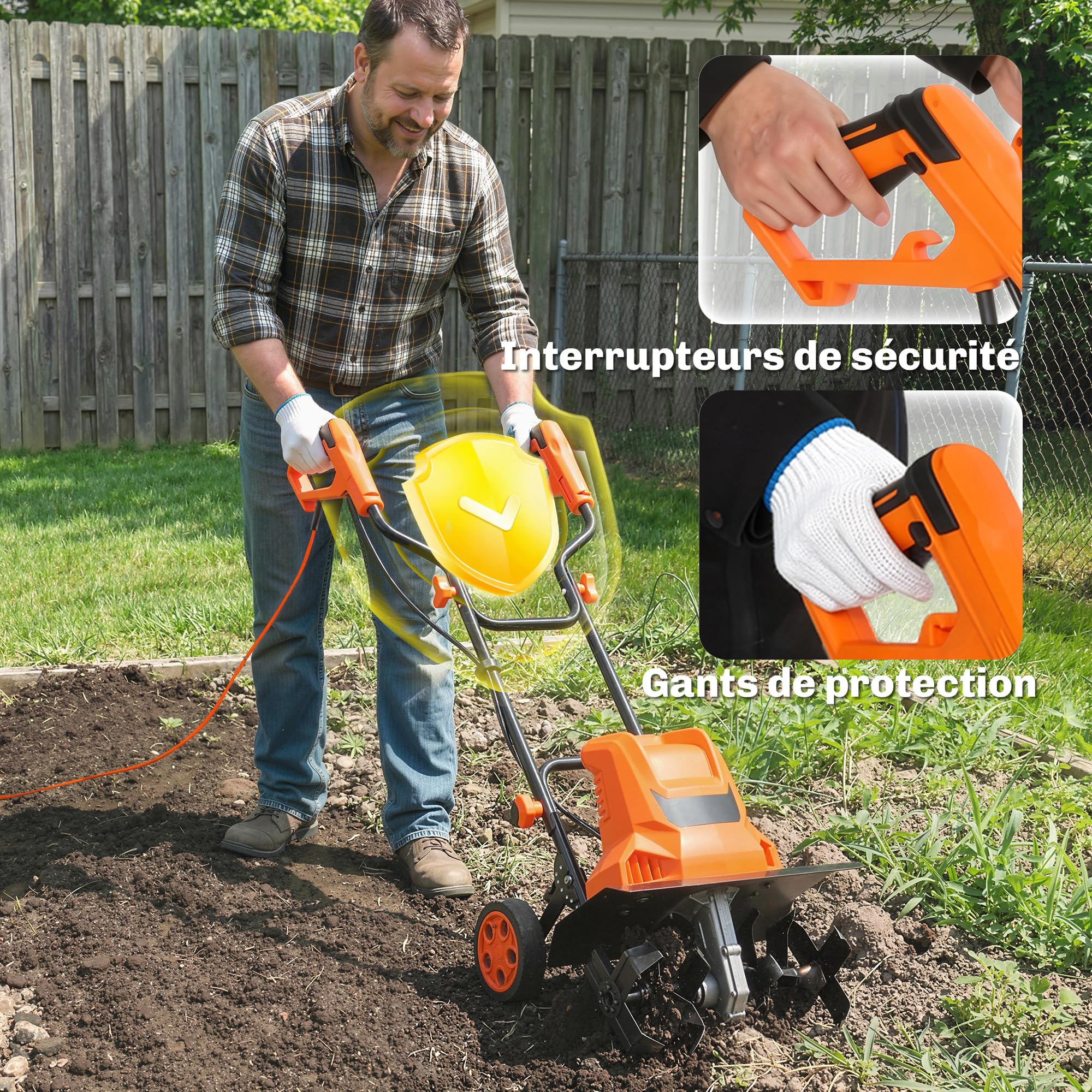 Outsunny Motobinadora eléctrica de 1500 W de jardín manejable – 6 cuchillas 65 Mn ancho 40 cm profundidad 20 cm – Motocultor plegable e impermeable IPX4 para huerto y cultivo orgánico, naranja