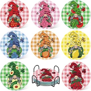 QUKLE 8Pcs Gnomes Diamond Painting Coasters with Holder, DIY 5D Fruits Diamond Painting Kits Gnomes Diamond Art Coaster, Coffee Coasters, Diamond Painting Drink Coaster Kits for Adults Kids