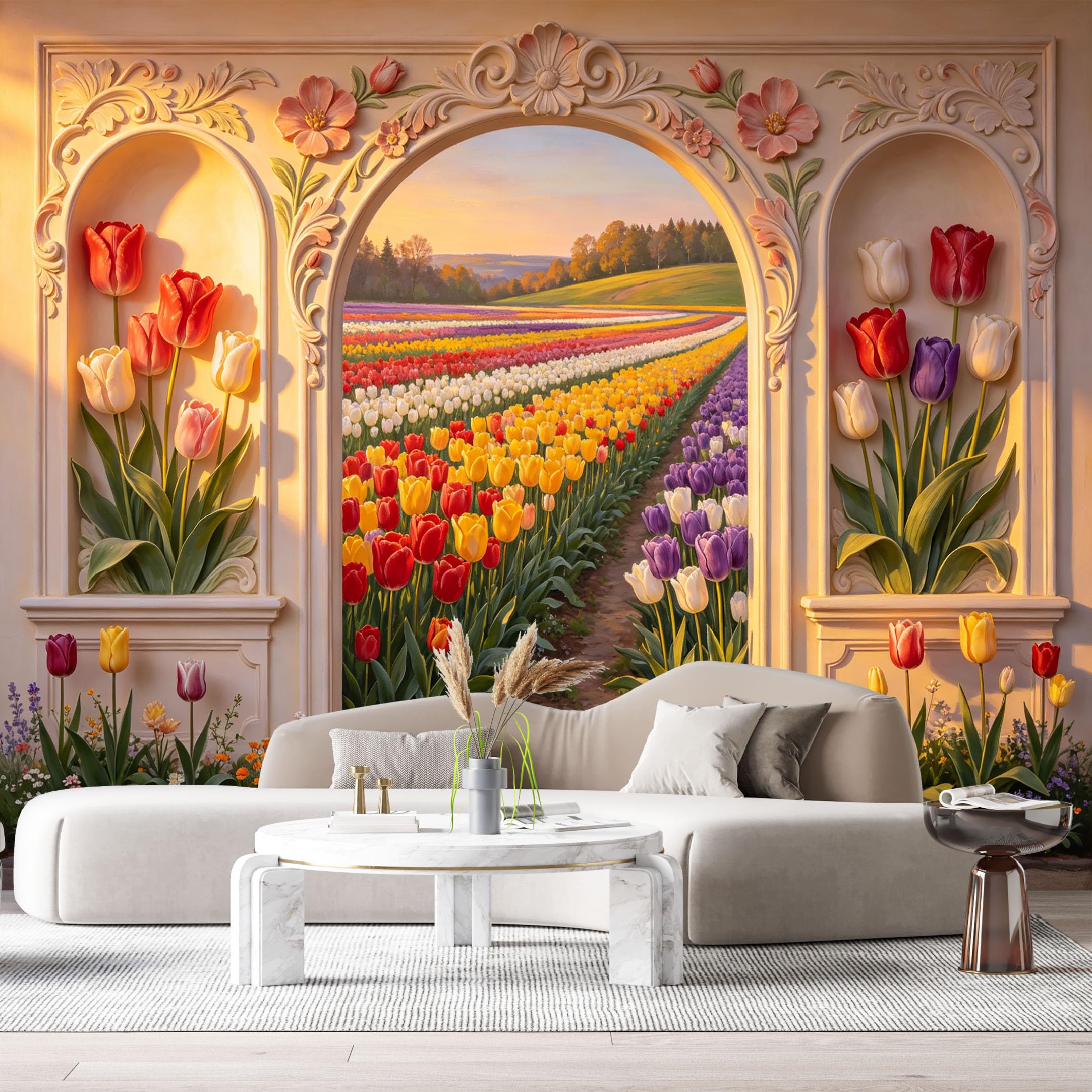 Custom Size Wall Murals Botanical Tulip Field Landscape Archway 3D Trompe L'Oeil SelfAdhesiveWall Fabric Removable Wallpaper Wall Decor for Living Room Bedroom Bathroom