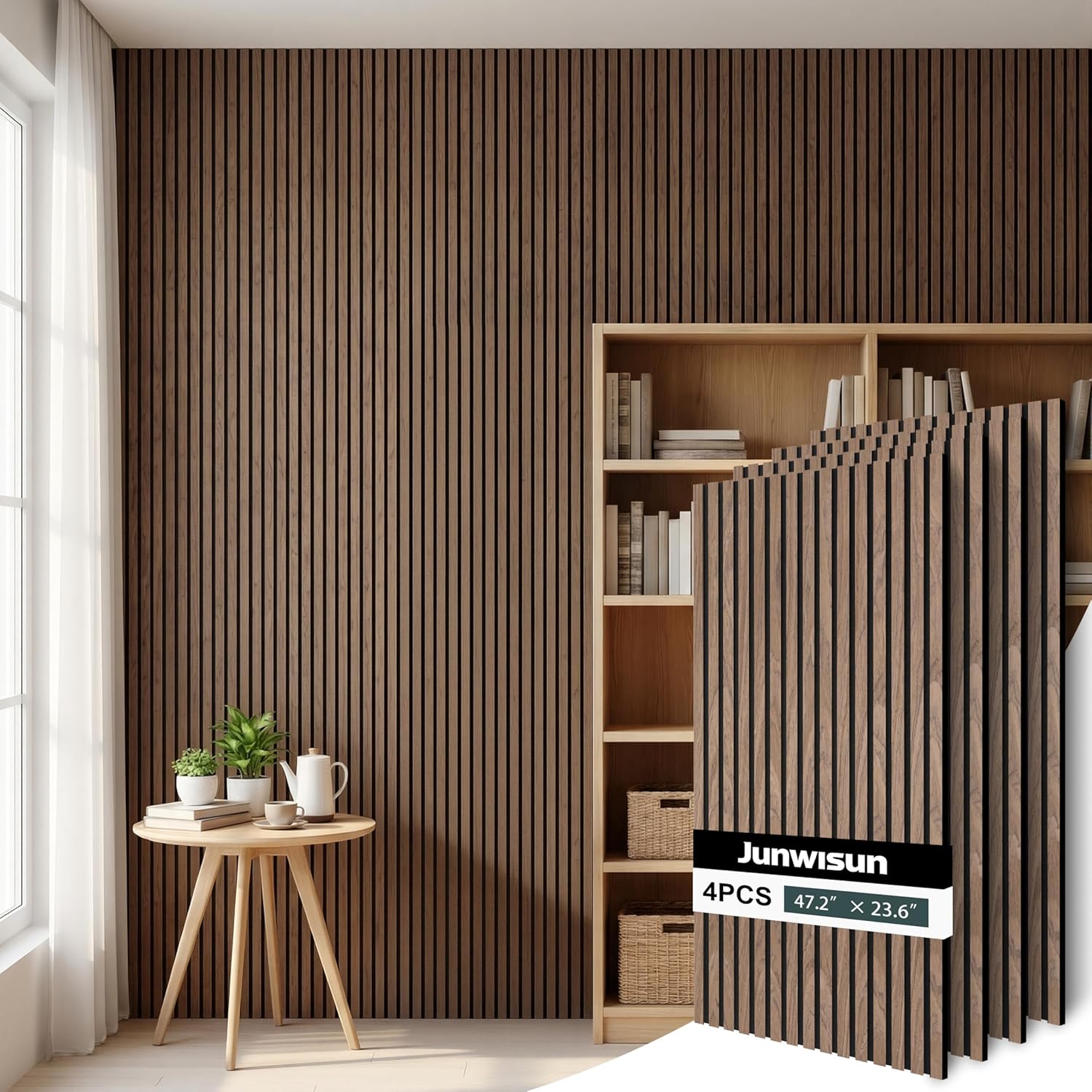 Acoustic Wall Panels, 4 Pack Wood Slat Wall Panel, Soundproof Wall Panels, 3D Textured Wall Decor for Ceiling and Wall, 23.6" x 47.2", in Walnut Finish