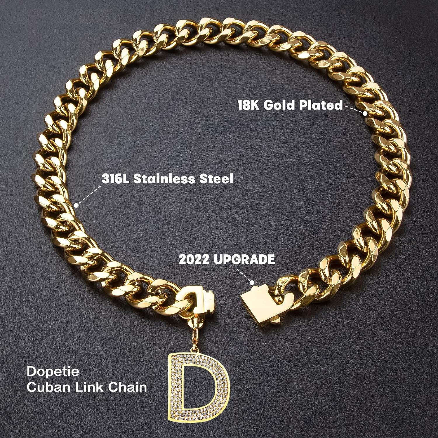 Gold Chain Dog Collar Personalized Letter Dog Necklace with Bling Zircons Metal Cuban Link for Medium and Large Dogs Pets Heavy Duty Chew Proof Letter D 16IN image 2