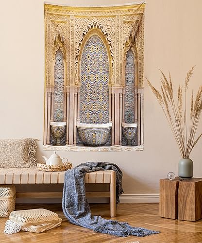 Ambesonne Moroccan Tapestry Queen Size, Typical Moroccan Tiled Fountain in
