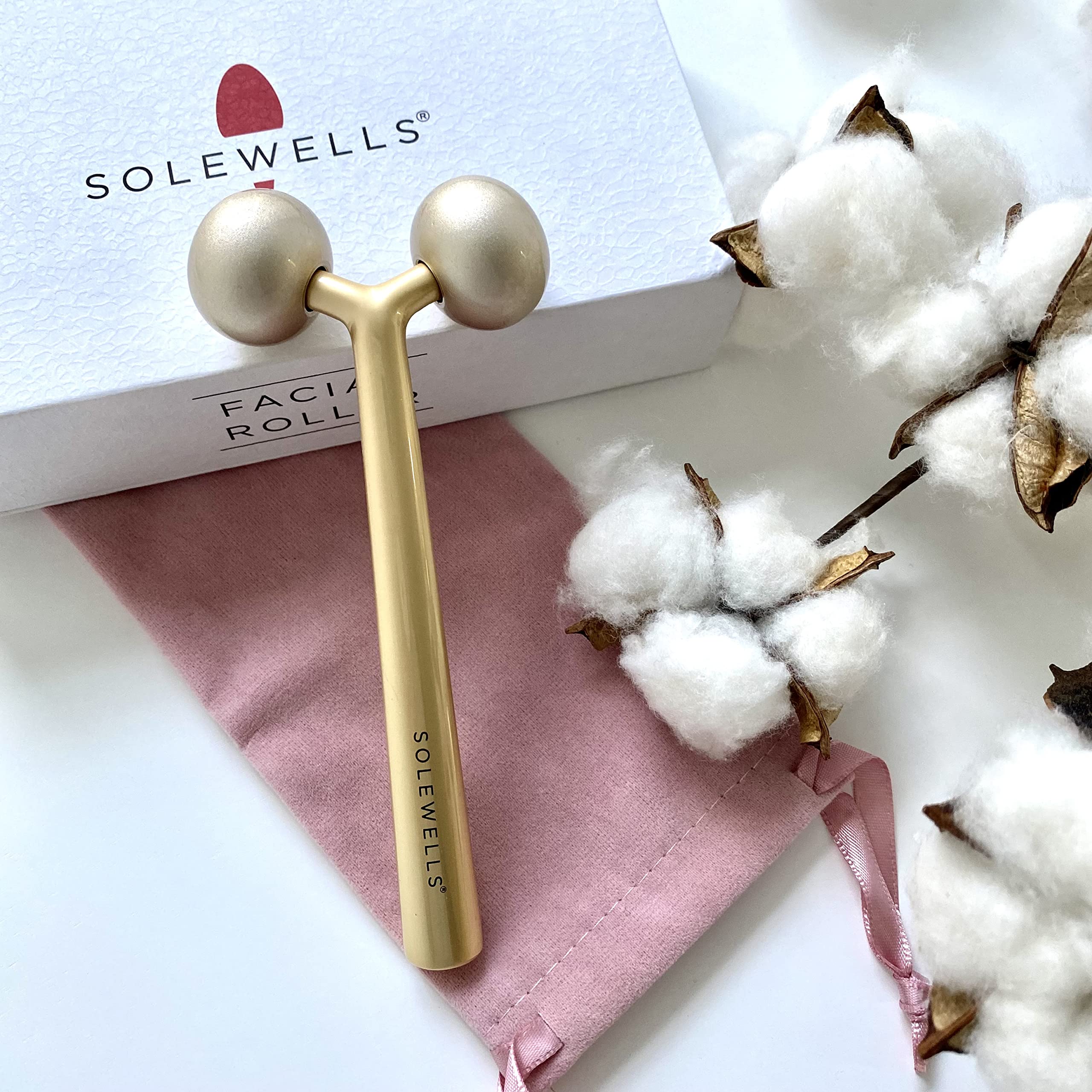 Facial Cooling Metal Gold Roller Massager, Contours Jawline, Promotes Lymphatic Drainage & Puffiness Reducer. Brighter, Smoother, Tighter Neck & Face Gym Exercise Anti-Aging, Not Jade.
