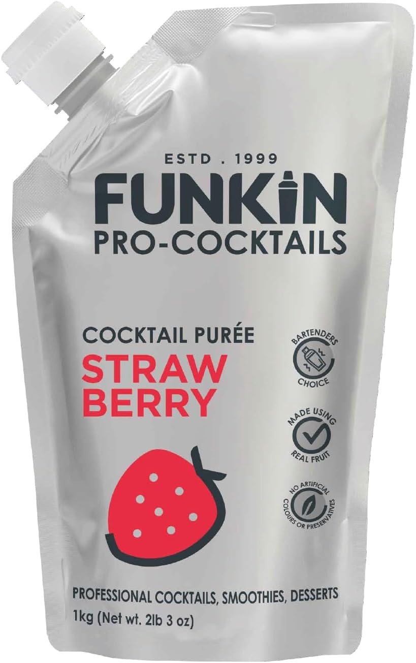 FUNKIN Strawberry Puree Cocktail Mixer | Made with Real Fruit | Fresh Fruit Puree for Professional Cocktails, Smoothies, & Desserts | 0% ABV | Resealable Pouch | 1kg, Pack of 1